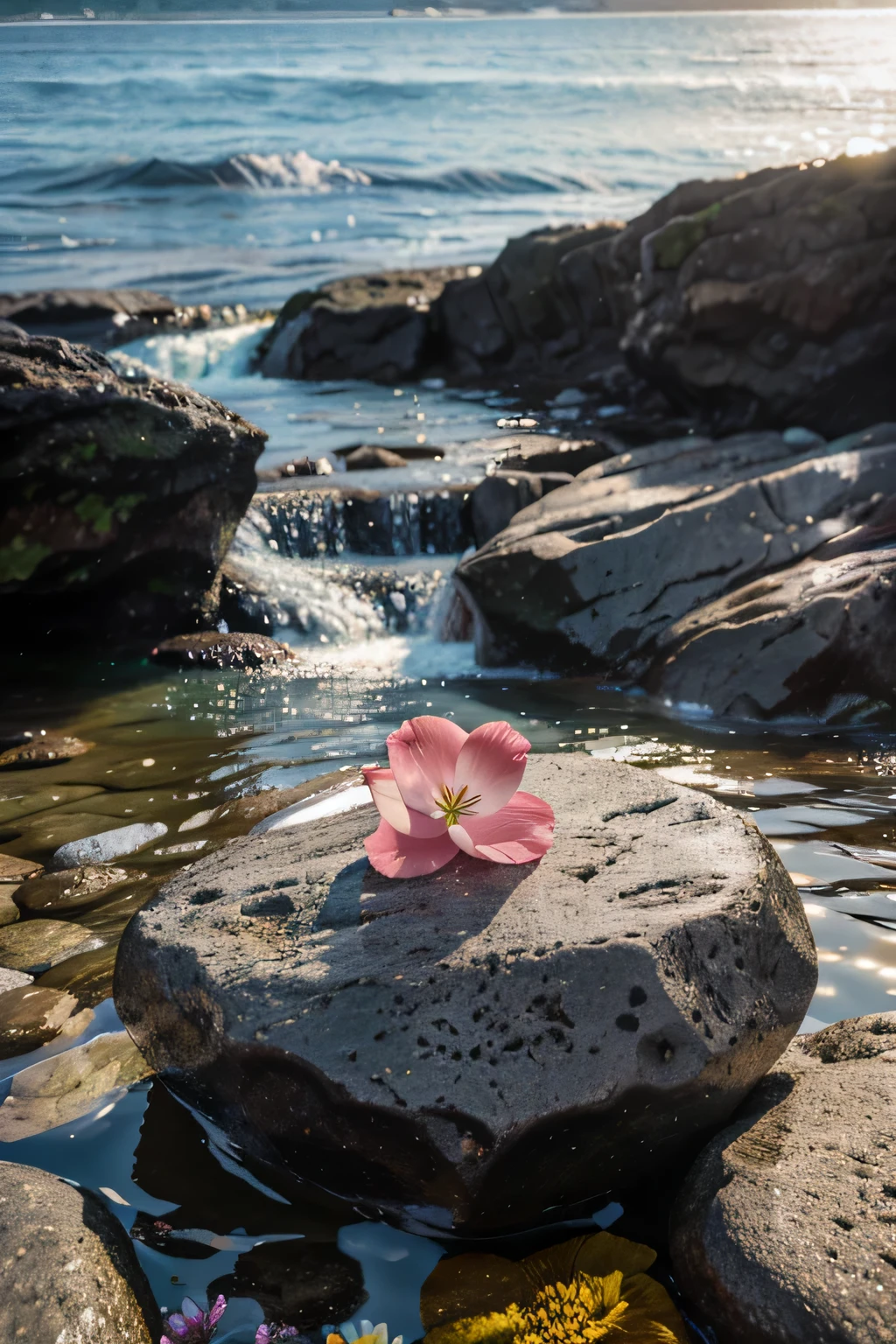 product on rocks & flower , sea & waterfall on background