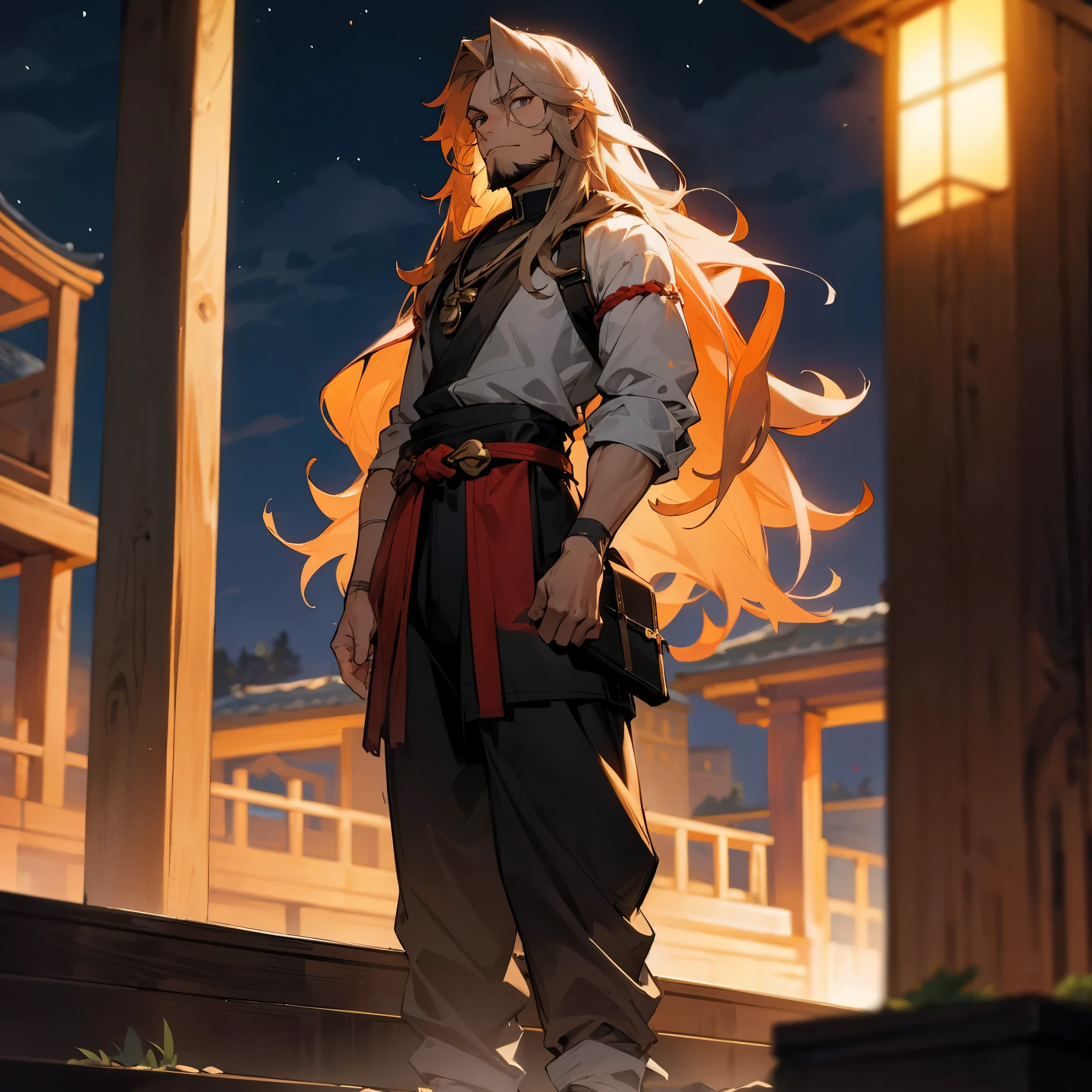 1male, adult, beard, finely detailed light grey eyes, long wavy hair, ember ombré hair color, compression shirt, loose baggy pants, standing with arms folded, standing in shrine, night, village, muscular, serious, confident