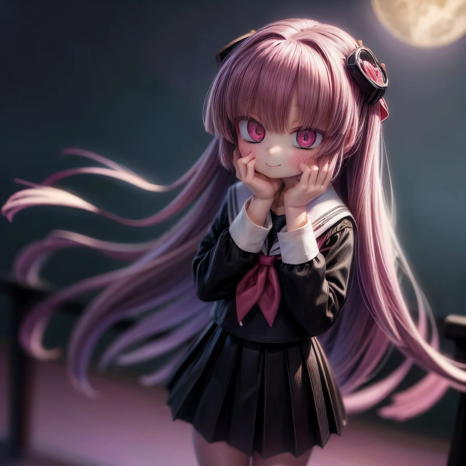 ((Masterpiece)), (Anime:1.5), ((best quality)), (RAW photo:1.2), (High Definition:1.3), (Professional Photography:1.2), (chromatic aberration), 1girl, ((12years old)), (hands on own face), school uniform, white shirt, black necktie, black skirt,pleated skirt, lake, japaness style, cherry blossoms, night, big moon, fireworks, smile,pink hair, summer,blush, yandere, smile, sadistic smile, glowing eyes,dark red eyes,
