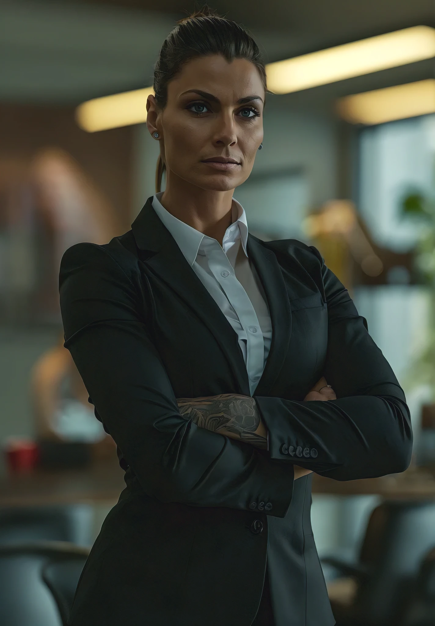 Create a clean image of attractive muscular brutal woman in business suit. Business office in the background. Upper body shot. Cinematic. Highly detailed