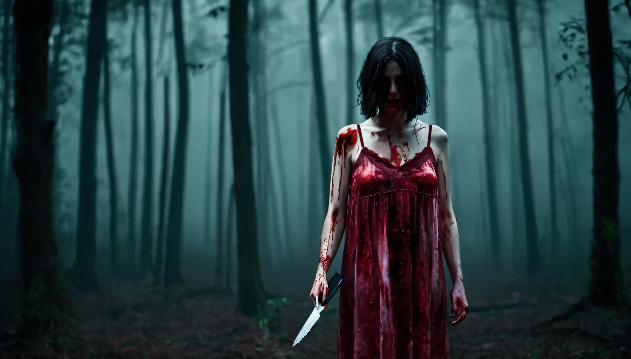 A woman wearing a blood-stained nightgown with a knife in her hand was standing in front of a Forest in a dark and scary atmosphere 