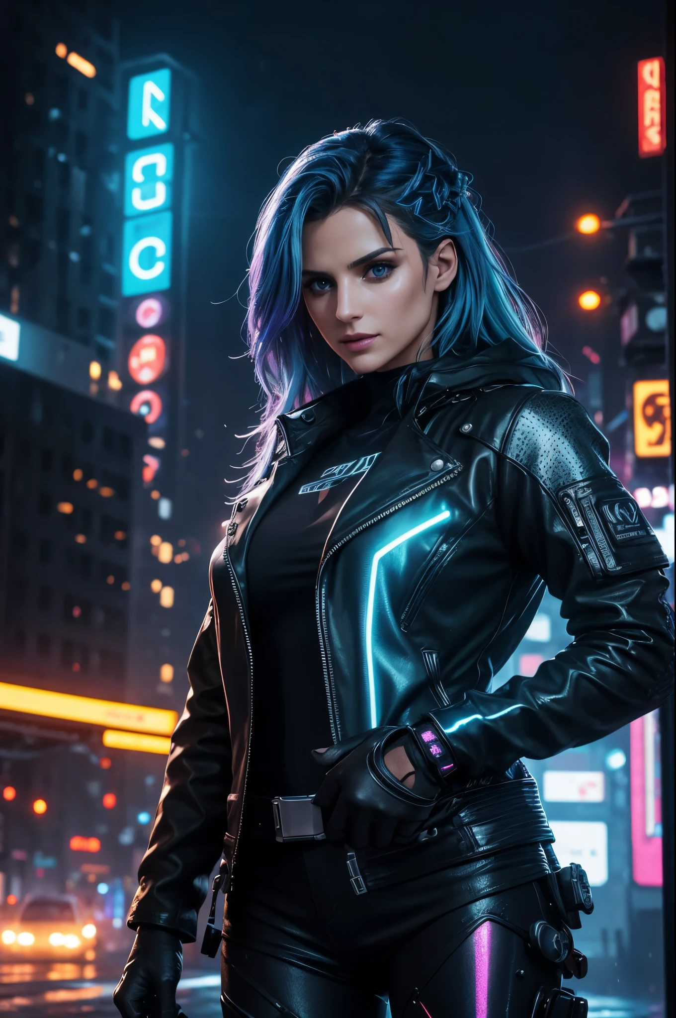 (best quality,4k,8k,highres,masterpiece:1.2),ultra-detailed,(realistic,photorealistic,photo-realistic:1.37),Stana Katic as cyberpunk woman,beautiful detailed eyes,beautiful detailed lips,extremely detailed eyes and face,longeyelashes,metallic holographic cybernetic implants,glowing neon blue hair,futuristic punk fashion,leather jacket with LED lights,high-tech visor with augmented reality display,gritty urban cityscape as background,nighttime urban lighting,neon signs and holograms illuminating the streets,heavy rain pouring down,smoky atmosphere,reflective wet sidewalks,steam rising from the sewers,Stana Katic's strong and confident posture,posing in a stylish and dynamic stance,electric blue light shining on her,deep shadows and dramatic lighting,enhanced with HDR,UHD,studio lighting,ultra-fine painting,sharp focus,physically-based rendering,extreme detail description,professional,vivid colors,bokeh,creating a futuristic and immersive cyberpunk world.