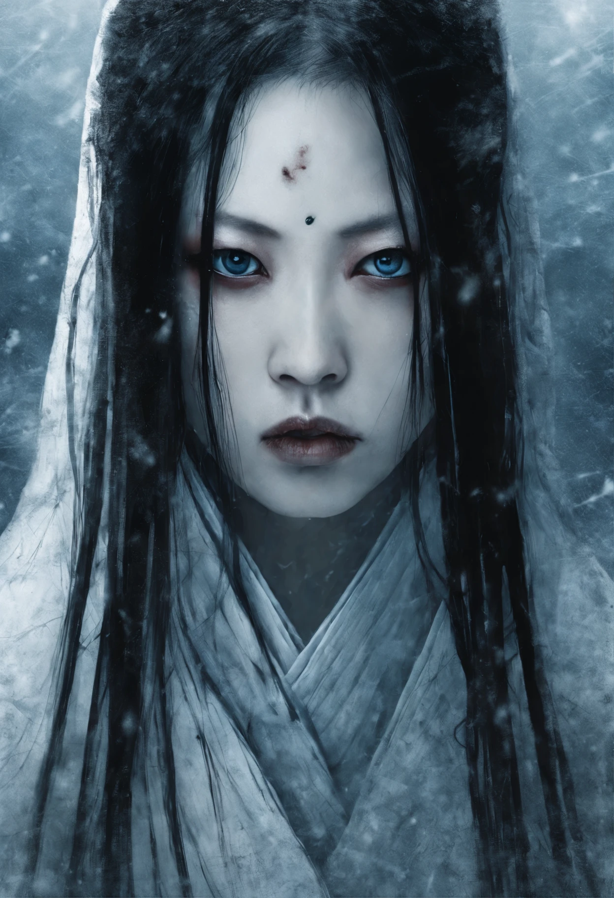 artwork by yuki onna, close-up on the eyes. beautiful japanese woman, pale skin, long black hair, piercing blue eyes. she wears a white kimono that flutters in the blizzard wind, unforced background, horror style