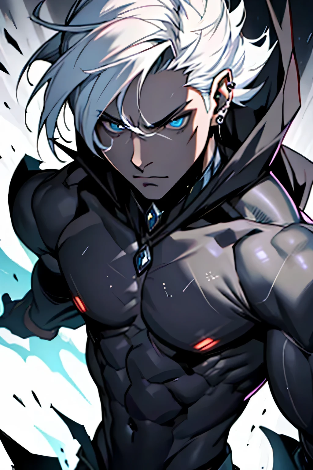  un humano de apariencia  imponente, with cold eyes and a penetrating gaze that inspires terror in those who confront him. His pale skin and dark hair give him a mysterious and sinister air... Es un maestro del elemento aire., fortaleza, agilidad y destreza en combate. 