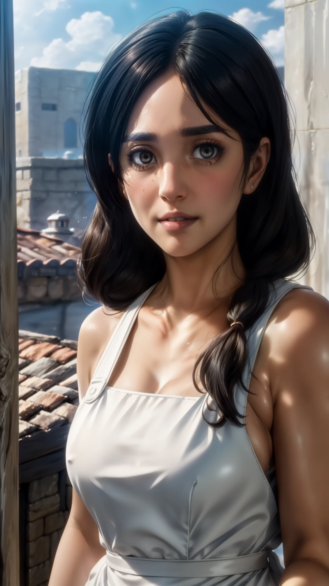 (day:1.7), a city with a lot of buildings and a sky background with clouds in the background and a blue sky, architecture,
Standing at attention, at the roof,
deep cleavage, collarbone, White apron,bare shoulders, 
black Hair,  brown eyes, Bangs, single braid, 
1 girl, 20yo,Young female,Beautiful Finger,Beautiful long legs,Beautiful body,Beautiful Nose,Beautiful character design, perfect eyes, perfect face,expressive eyes,
looking at viewer, in the center of the image,(Upper_body),(close-Up),(Focus on her face),
official art,extremely detailed CG unity 8k wallpaper, perfect lighting,Colorful, Bright_Front_face_Lighting,shiny skin, 
(masterpiece:1.0),(best_quality:1.0), ultra high res,4K,ultra-detailed,
photography, 8K, HDR, highres, absurdres:1.2, Kodak portra 400, film grain, blurry background, bokeh:1.2, lens flare, (vibrant_color:1.2)
(Beautiful,large_Breasts:1.4), (beautiful_face:1.5),(narrow_waist),