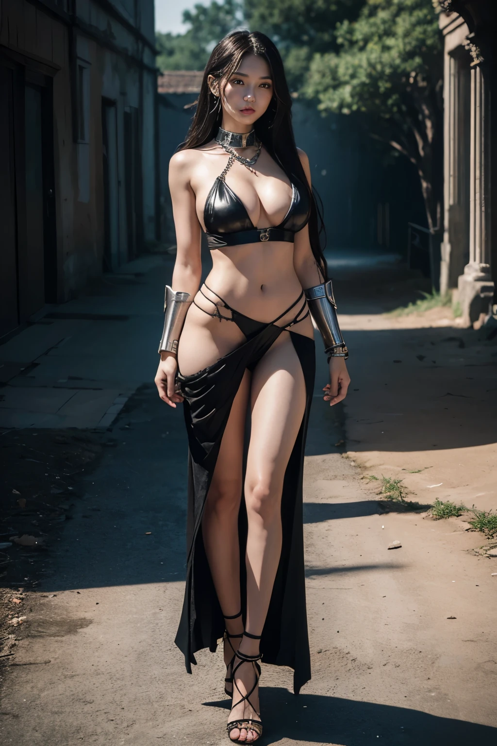 dark style,(8K,best quality,masterpiece:1.3),(full-body shot:1.5),Award-winning works,masterpiece,high resolution,(Two beautiful sexy women,slender legs,legs apart,Beautiful feet,slim abdominal muscles,very huge breasts,silver long hair,flowing long hair,exquisite eyes,Large cleavage,huge butt,split,Mature temperament,She wears steel armor,Torn battle armor,collar around neck,Thick iron chain on the collar,Hands are hoisted by chains,huge jewelry,She stands among the ruins of the battlefield,There is fire in the ruins,There was a slightly frightened expression on her face,Put your arms behind your back,(Sweat all over the body:1.6),Facing the audience),kiss