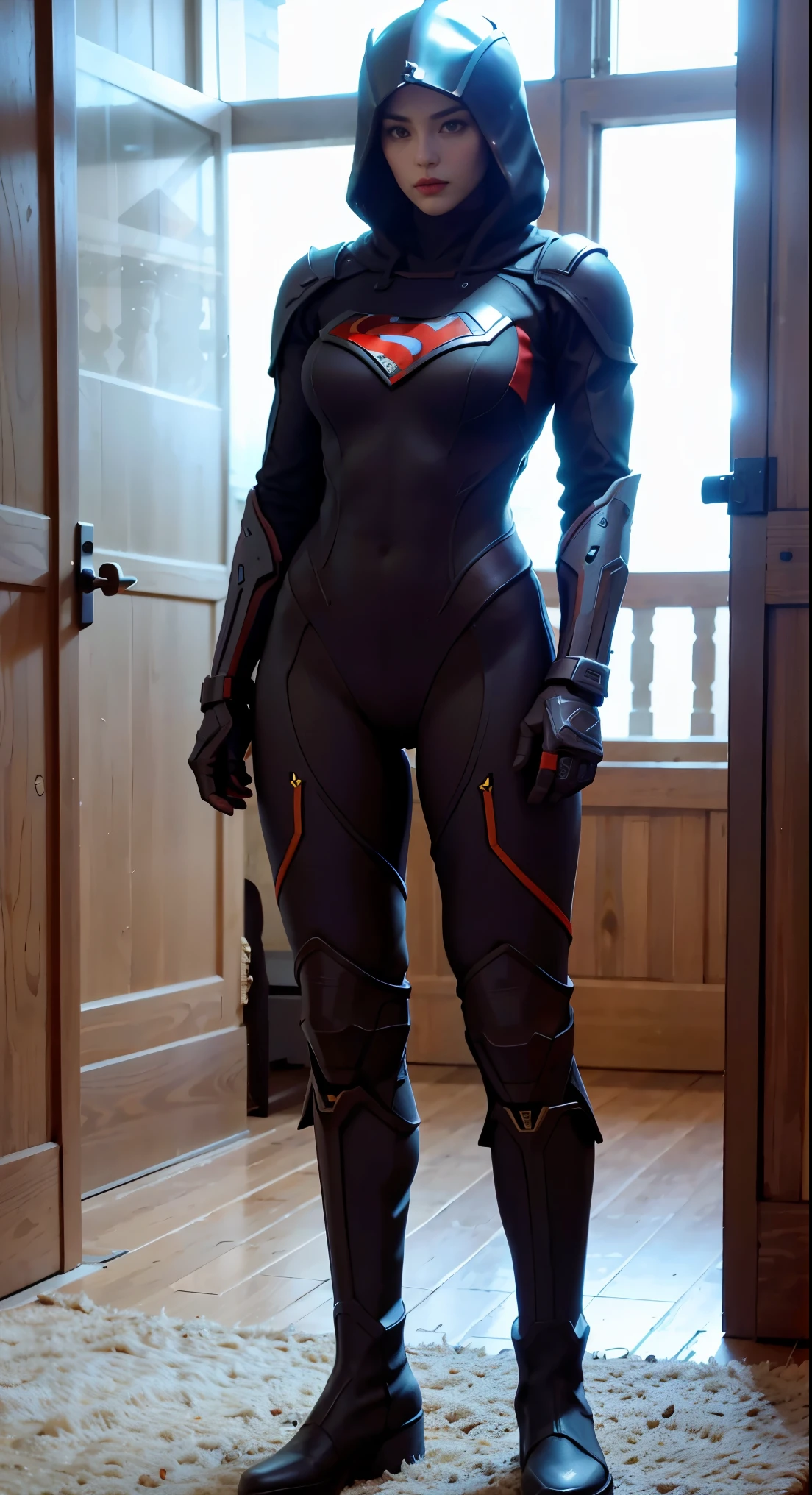 One Woman Super Girl Outfit Metal Boot Robotic Arms Sexy Red Hoodie Helmet, seios grandes, athletic body, botas pretas nuas, calcinha preta, capa preta com capuz, acara do batiman nsfw