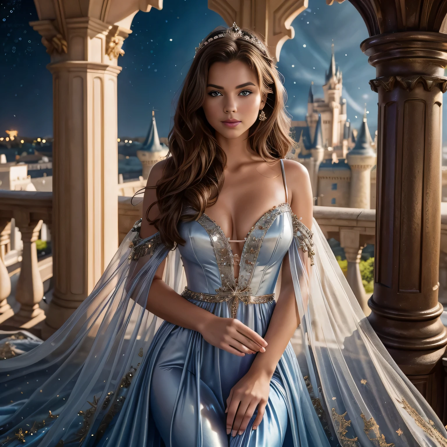 Our model graces a castle balcony overlooking a magical kingdom, dressed in a glittering silk gown that mirrors the starry night. The vintage-inspired silhouette and the luxurious shine of silk create a fairytale atmosphere, transporting viewers to a realm of timeless beauty in this enchanting vacation photoshoot. 8K, very high resolution, strong details, facial details, girl, brunette, long hair