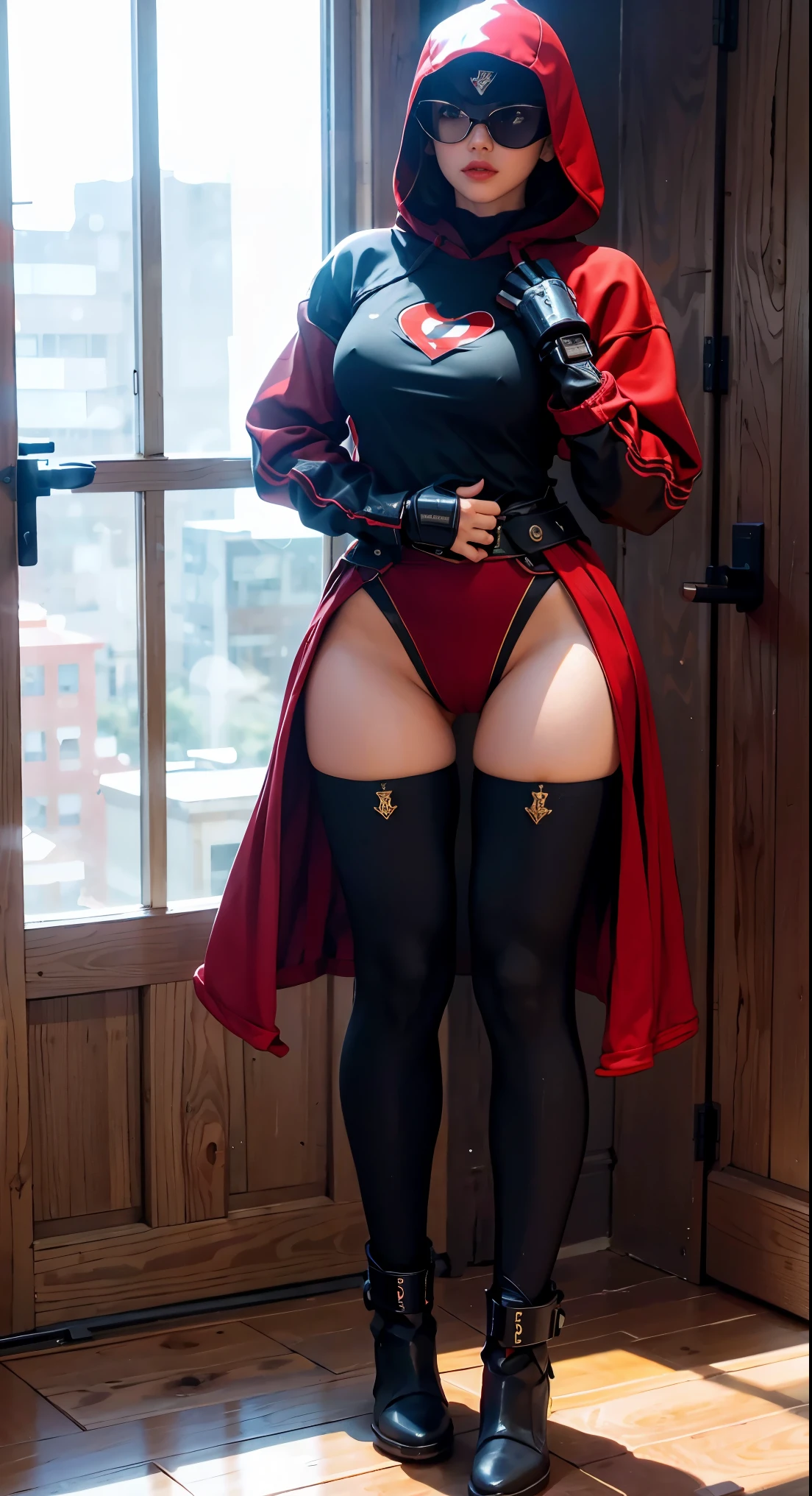 One Woman Super Girl Outfit Metal Boot Robotic Arms Sexy Red Hoodie Helmet, seios grandes, athletic body, botas pretas nuas, calcinha preta, capa preta com capuz, acara do batiman nsfw