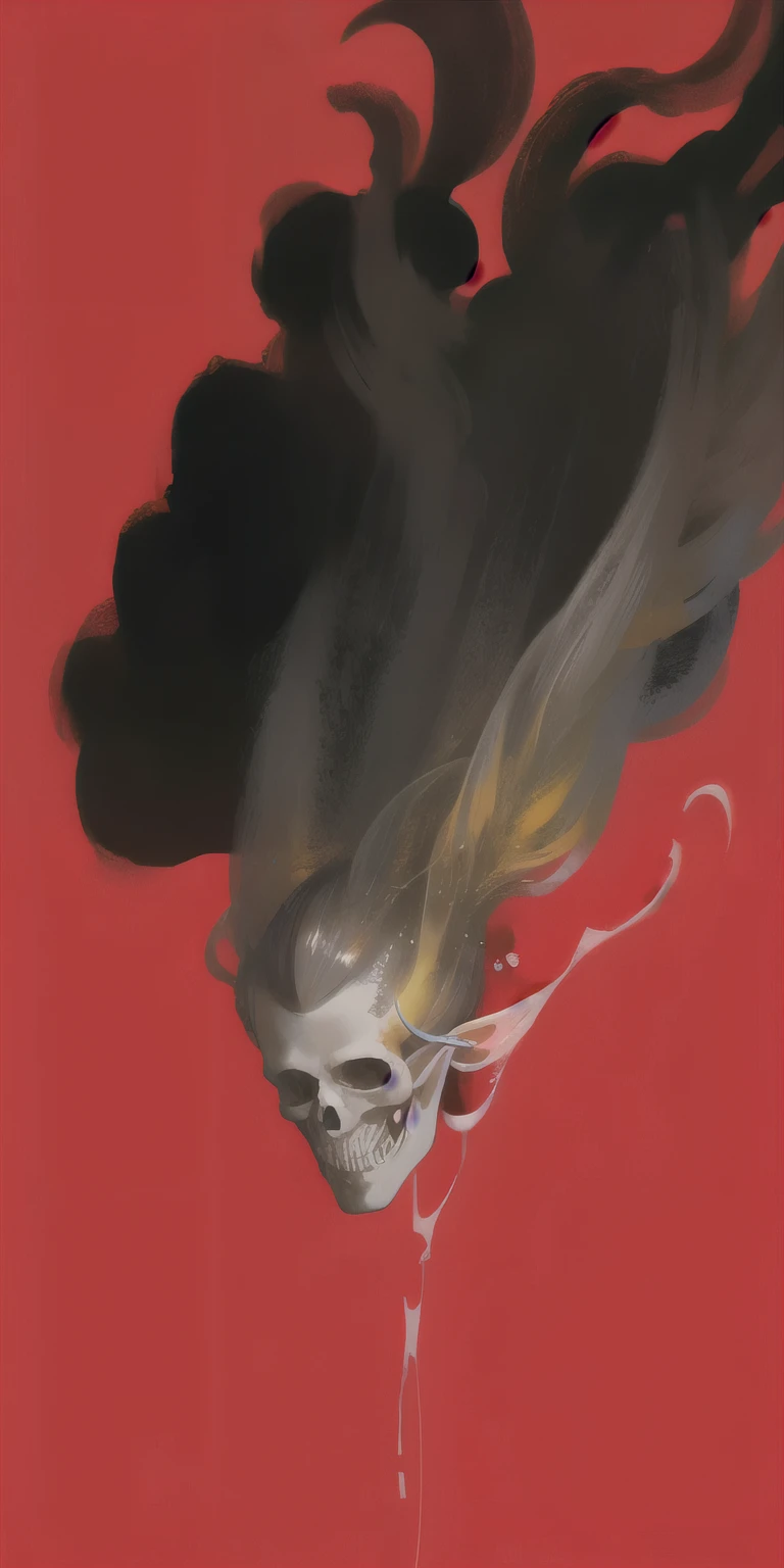 there is a skull with hair and beard. She is floating on a solid red background.