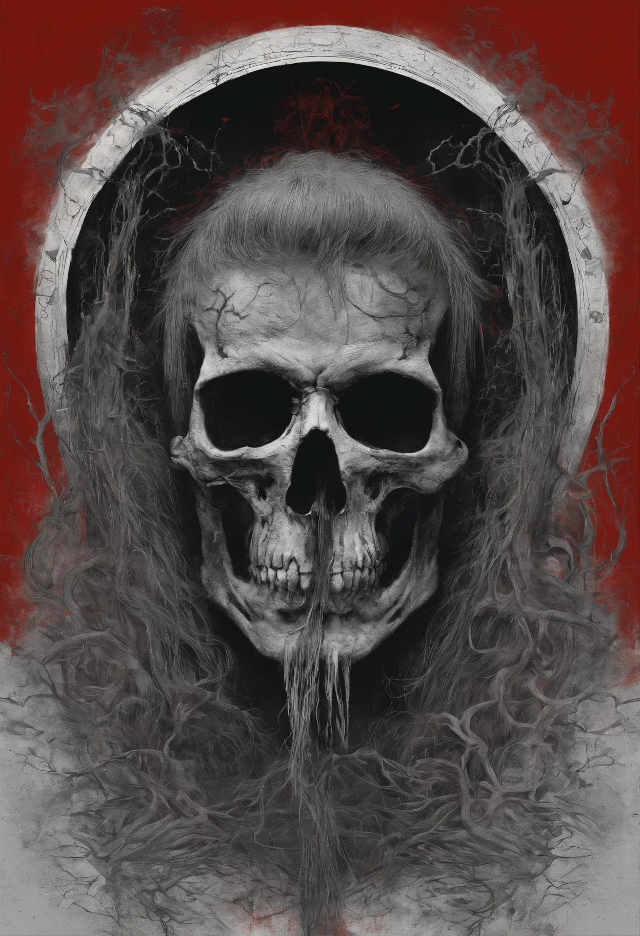 there is a skull with hair and beard. She is floating on a solid red background.