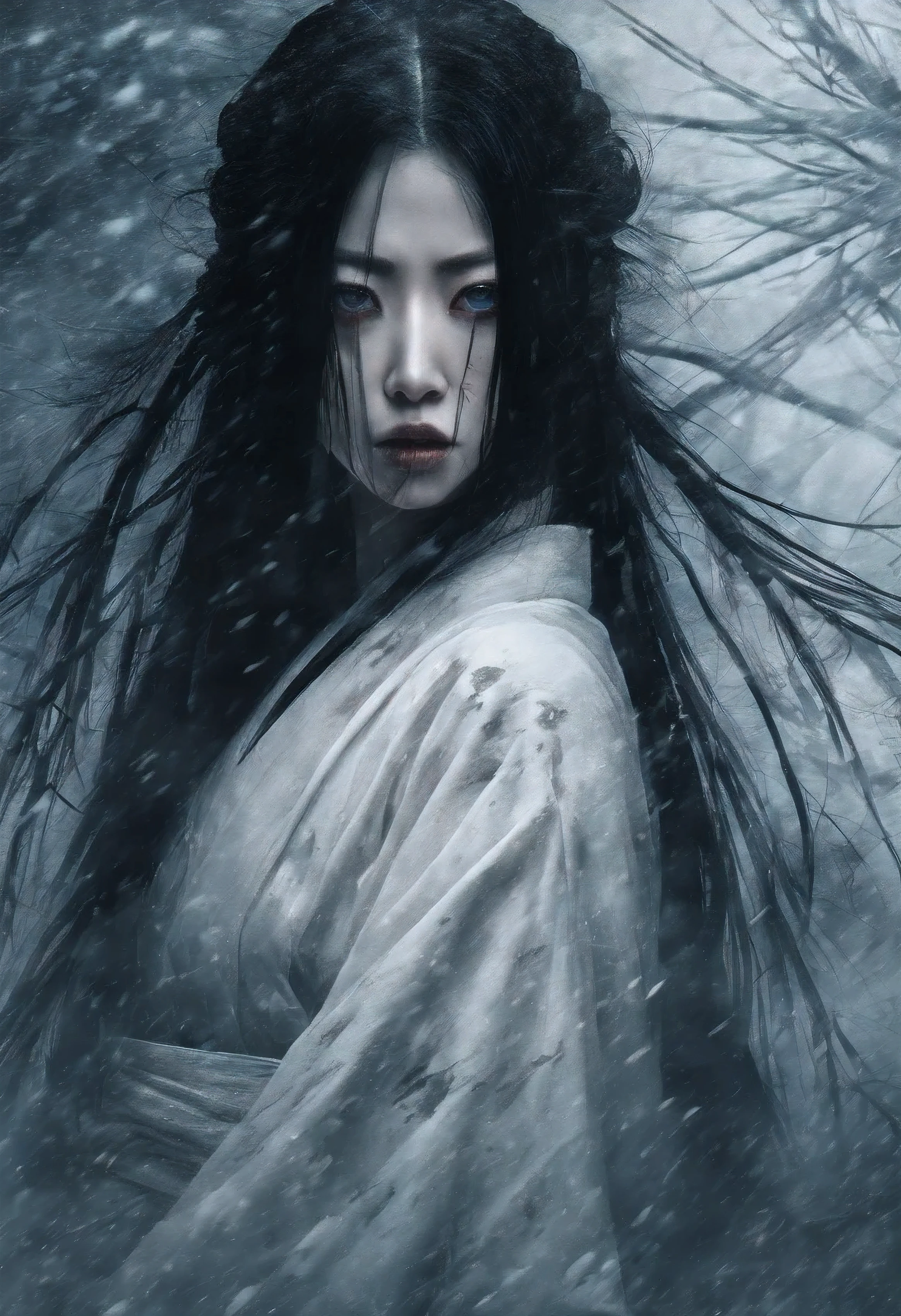 arte assustadora, close no olho esquerdo. linda mulher japonesa, pale skin, cabelo preto comprido, olhos azuis penetrantes. she is wearing a white kimono that flutters in the blizzard wind, unforced bottom, estilo de terror