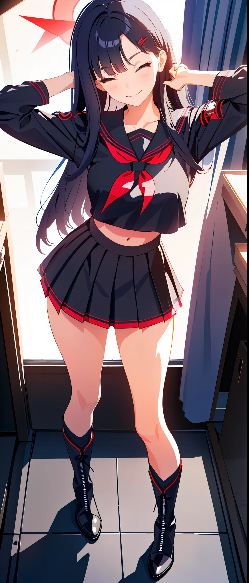 Masterpiece, best quality, high resolution, 1 girl, Ichika , long straight black hair , Close your eyes. , smile , black sailor shirt , short skirt , boots, full body , sly face , abdomen , big breasts , stand on your hips..., classroom
