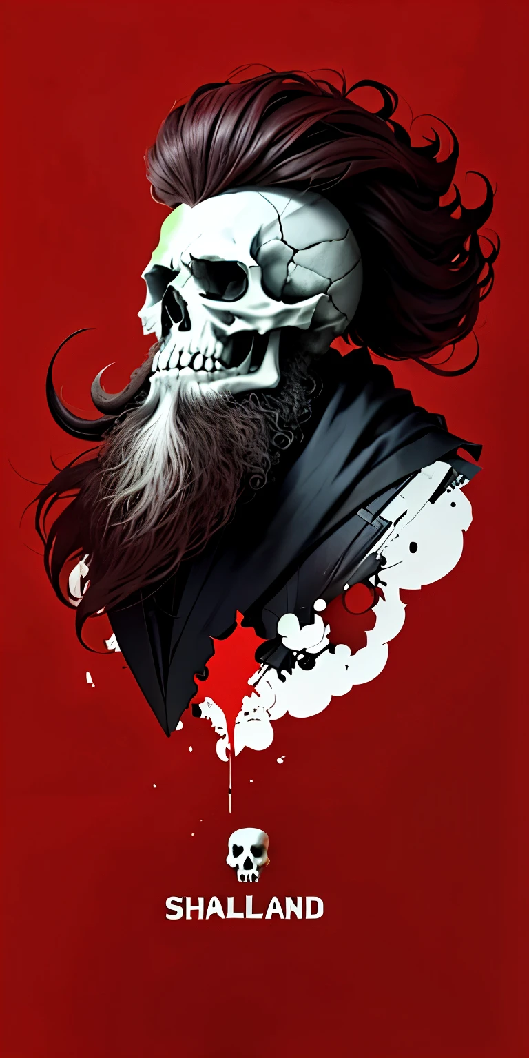 there is a skull with hair and beard. She is floating on a solid red background.