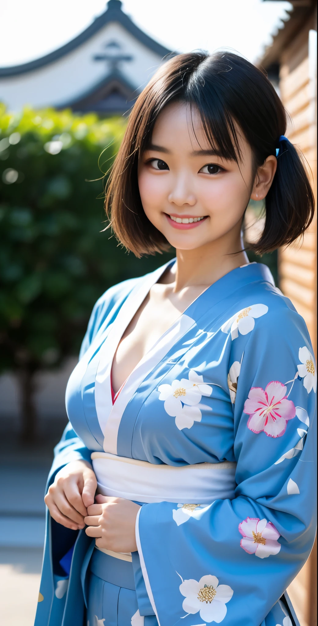 （8k、Raw photography、highest quality、masterpiece：1.2),(black haired、very short hair:1.8),(short twin tails:1.4)、show viewer,Looking at the front,erotic,white skin,(Wearing a kimono with a colorful floral pattern:1.7)、()、(Clothing that emphasizes the shape of your chest、publish one&#39;Skin:1.8)、(big breasts :1.4)、slim body shape、ultra high resolution,beautiful,beautiful fece,(alone, no background:1.9),whole bodyボディー,japanese woman,（Photoreal：1.37）、photon mapping,reality、(-face cute: 1.2)、(cute smile: 1.7)、(With a round face: 1.8)、radio city、Physically based rendering、depth of field rally background、photograph, (I can see your knees,close up of thighs:1.4),whole body、super fine