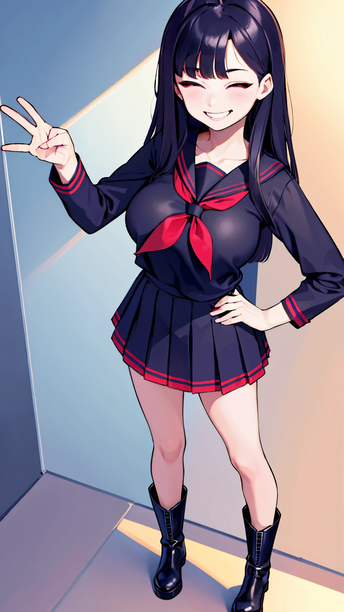 Masterpiece, best quality, high resolution, 1 girl, Ichika , long straight black hair , Close your eyes.. , smile , sailor shirt , short skirt , boots, full body , sly face , abdomen , big breasts , stand on your hips..., Blank background