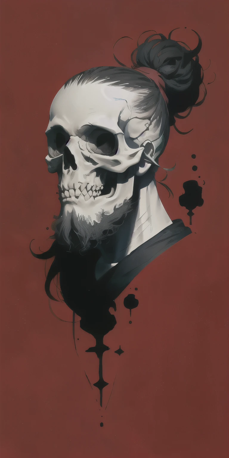 there is a skull with hair and beard. She is floating on a solid red background.