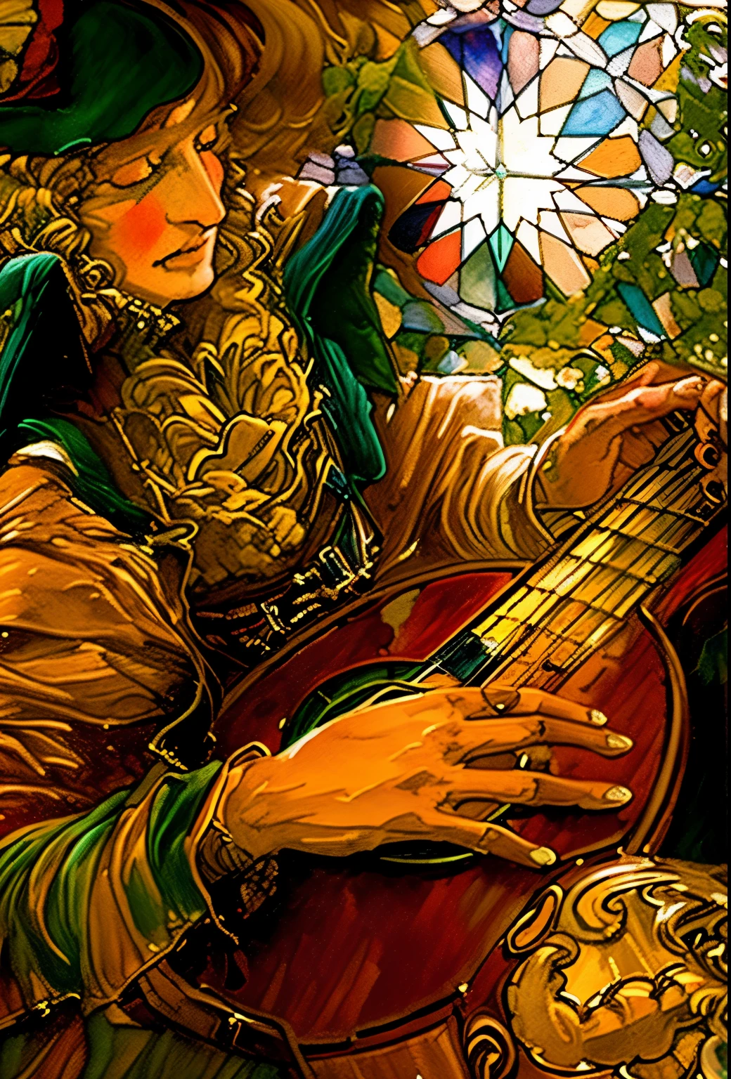painting of a woman playing a guitar in a stained glass window, moebius and alphonse mucha, sam guay, is playing a lute, by Rebecca Guay, the guitar player, maxim verehin stained glass, inspired by Girolamo Muziano, alphonse mucha. rich colors, artem demura. alphonse mucha