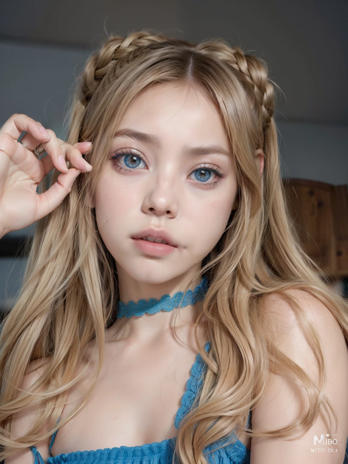 Mujer rubia con ojos azules y un vestido azul posando para una foto., Lalisa Manobal, pelo largo y rubio y ojos grandes, cabello rubio y ojos grandes, bella delfina, long cabello rubio y ojos grandes, ulzzang, Lalisa Manoban de Blackpink, parque roseanne de blackpink, con pelo largo y ojos penetrantes