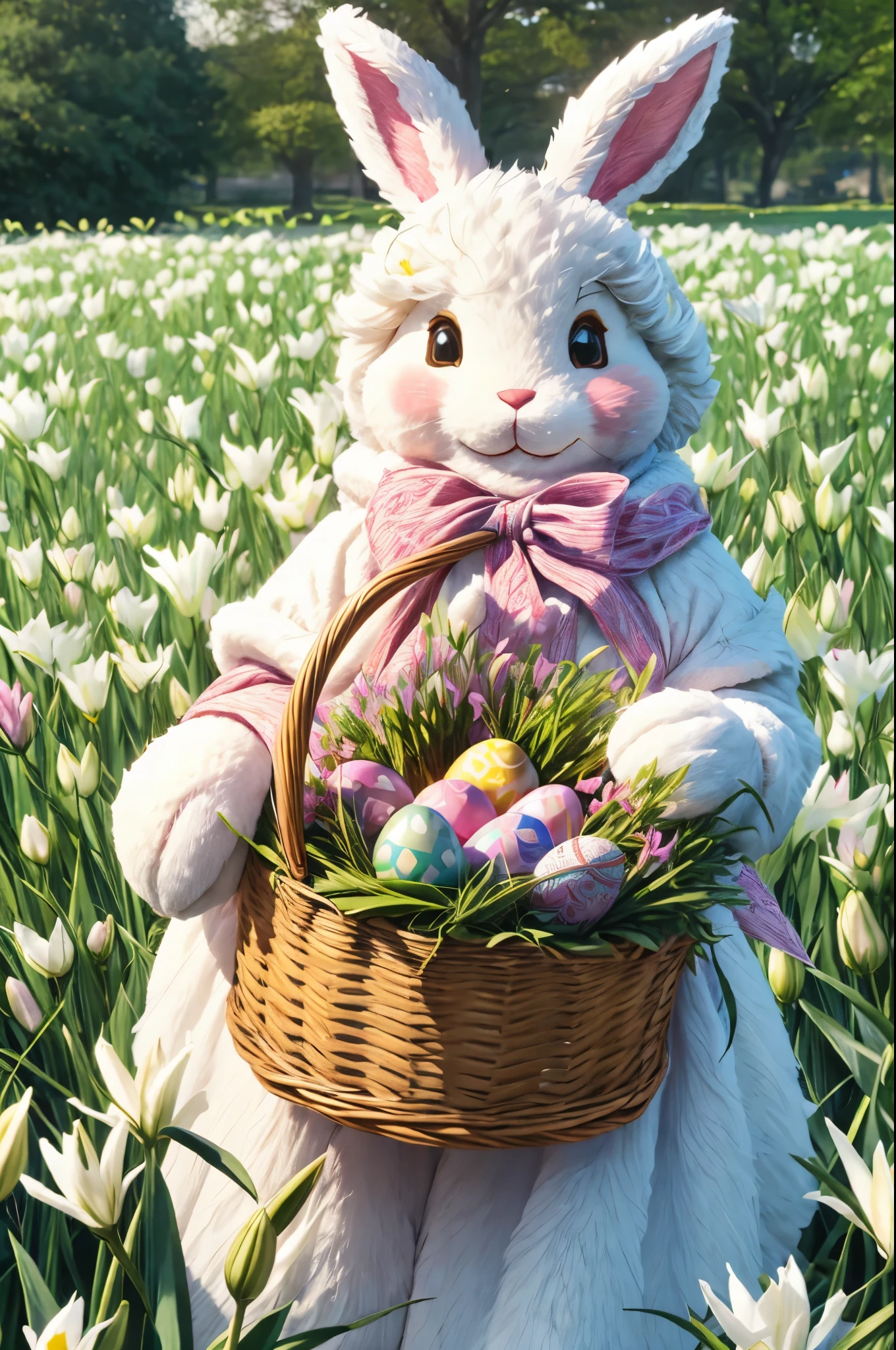 Create a photorealistic, giant, fluffy Easter bunny in a field of blooming lilies, carrying a basket overflowing with glowing, patterned eggs.