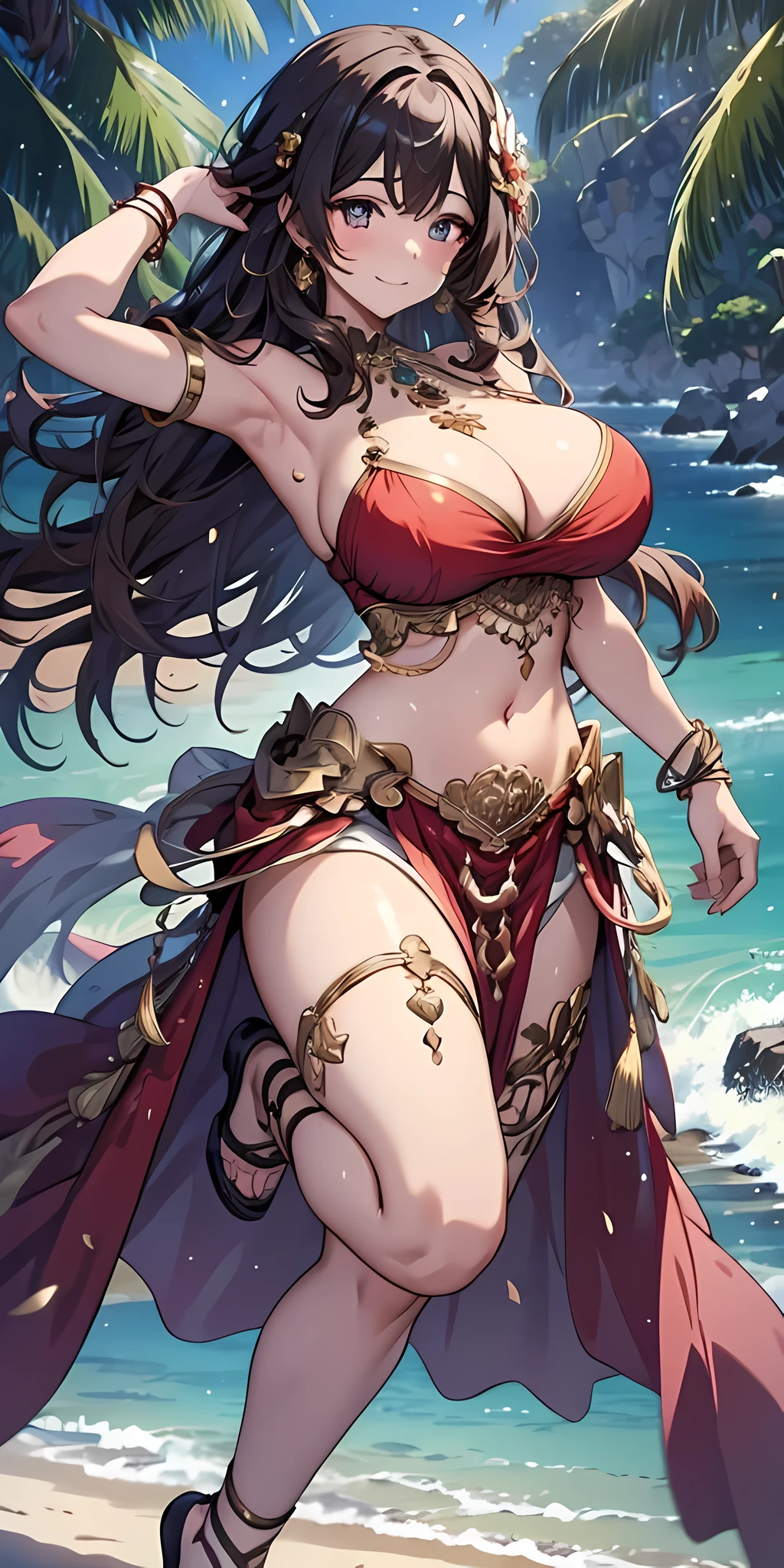 (masterpiece), best quality, expressive eyes, perfect face,(glitters:0.9), (Sparkle:0.9), (Shine:0.9), (Best quality), (Masterpiece:1.2), (Anime style),Extremely colorful，Colorful，Beautiful and delicate face and hair，Complete body,wavy hair，Lace，folds，Ruffles， stocklinguffin shoes，Seductive pose，The background is a beach at sunset，the night，Ready to get started,smiles,(huge breasts),cleavage,gold jewelry,bangles,bracelet,skirt, navel,midriff, (red and white clothes), dancing,((bare shoulders)),light particles
