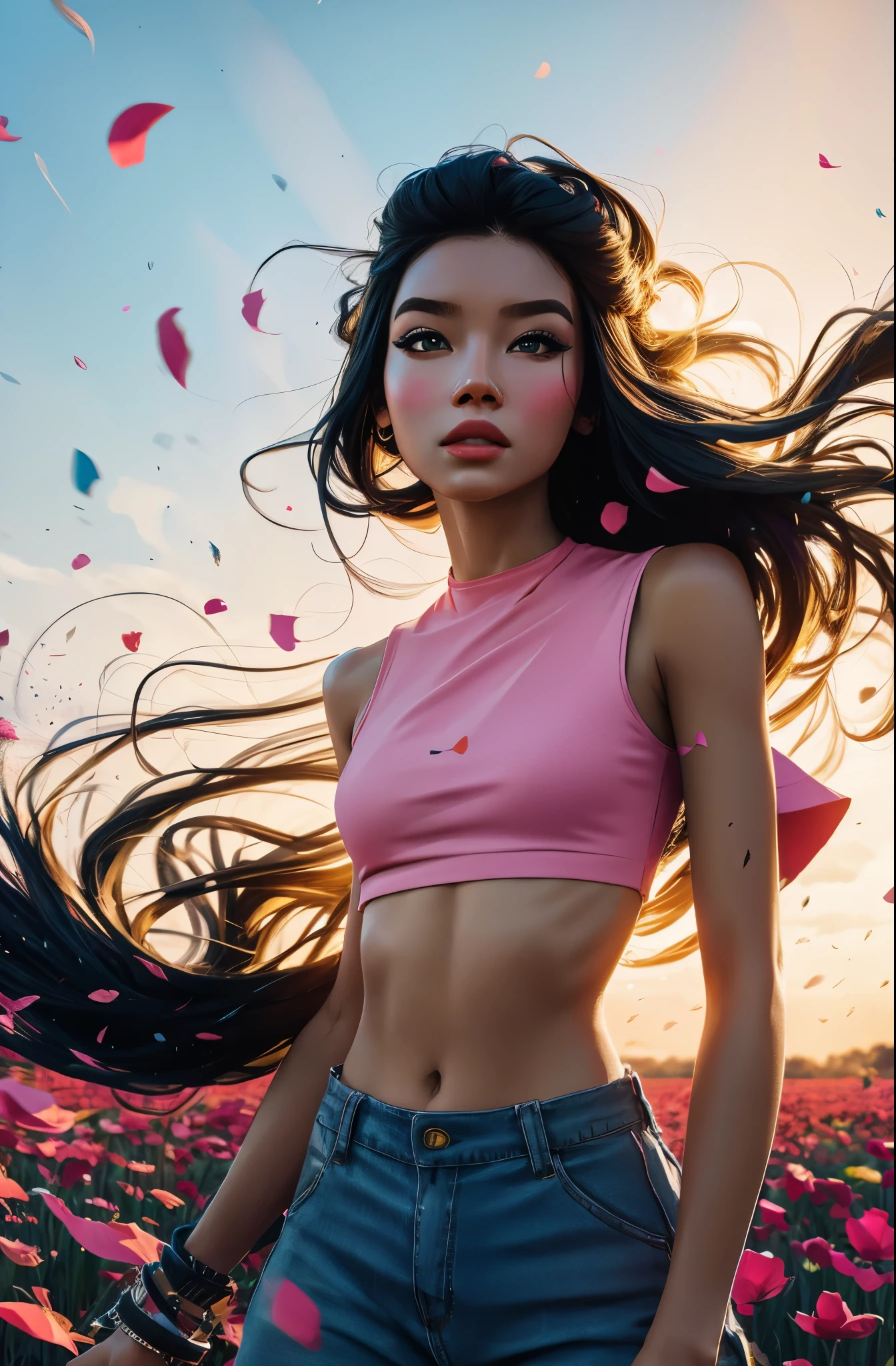 award winning digital art, half body portrait of a beautiful woman in a pink crop top and cargo pants with navy blue teal hairstyle with head in motion and long hair flying, in a flower field, golden sunset, particles dust, glitter, paint splashes, splatter, outrun, vaporware, shaded flat illustration, digital art, trending on artstation, highly detailed, fine detail, intricate