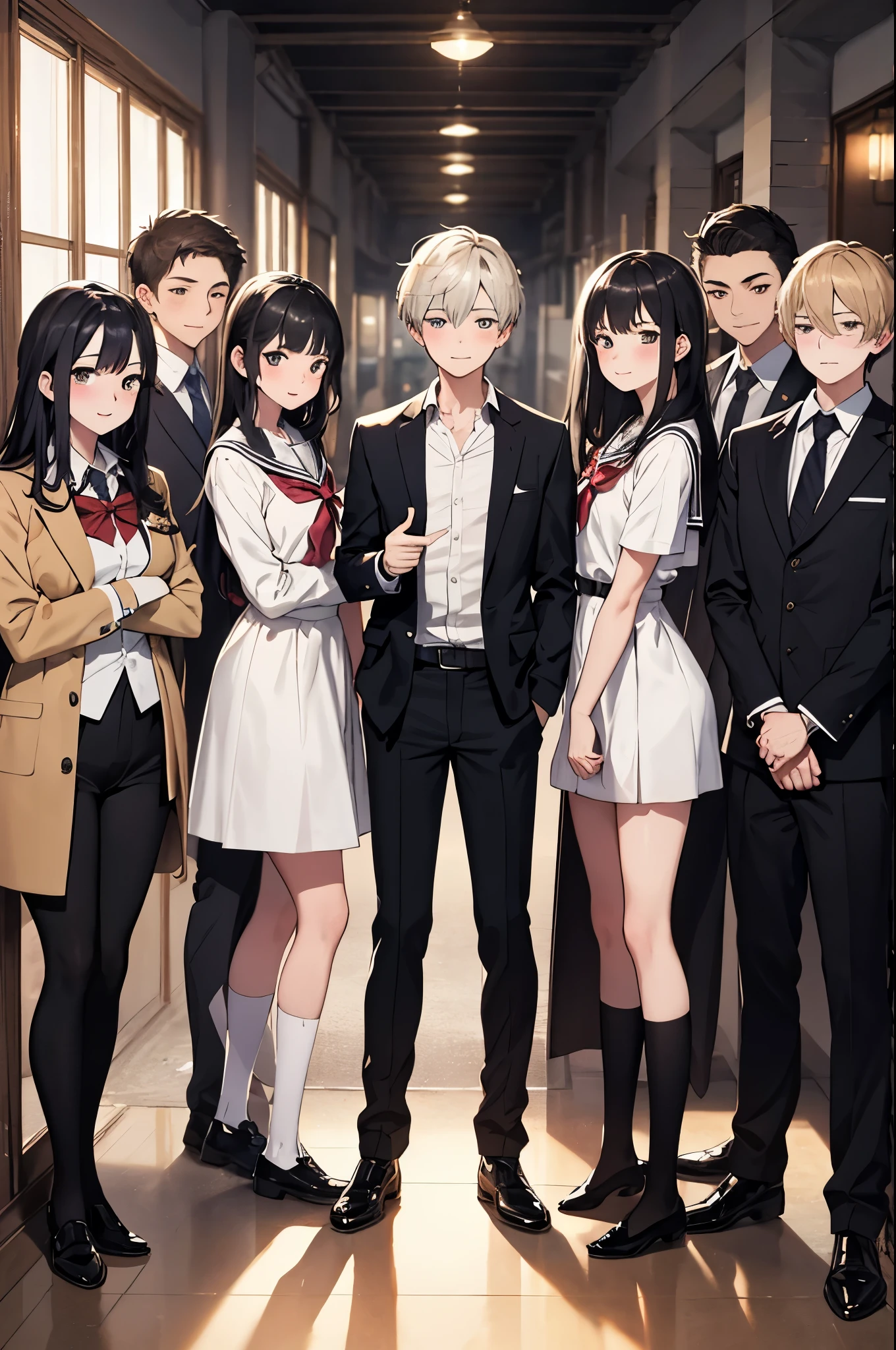 (masterpiece, highest quality), (disorganized:1.2), (super detailed, 8k, ultra high resolution:1.2), (4 beautiful girls and 4 handsome boys:1.3), young, slim, (cinematic composition), blush, Smile, dramatic lighting, (short body, body), (group shot, gathered together, friends multiple boys:1.2), looking at the viewer, Are standing, sitting, take a pose, school uniform, (multiple loving couples:1.2), v sign
