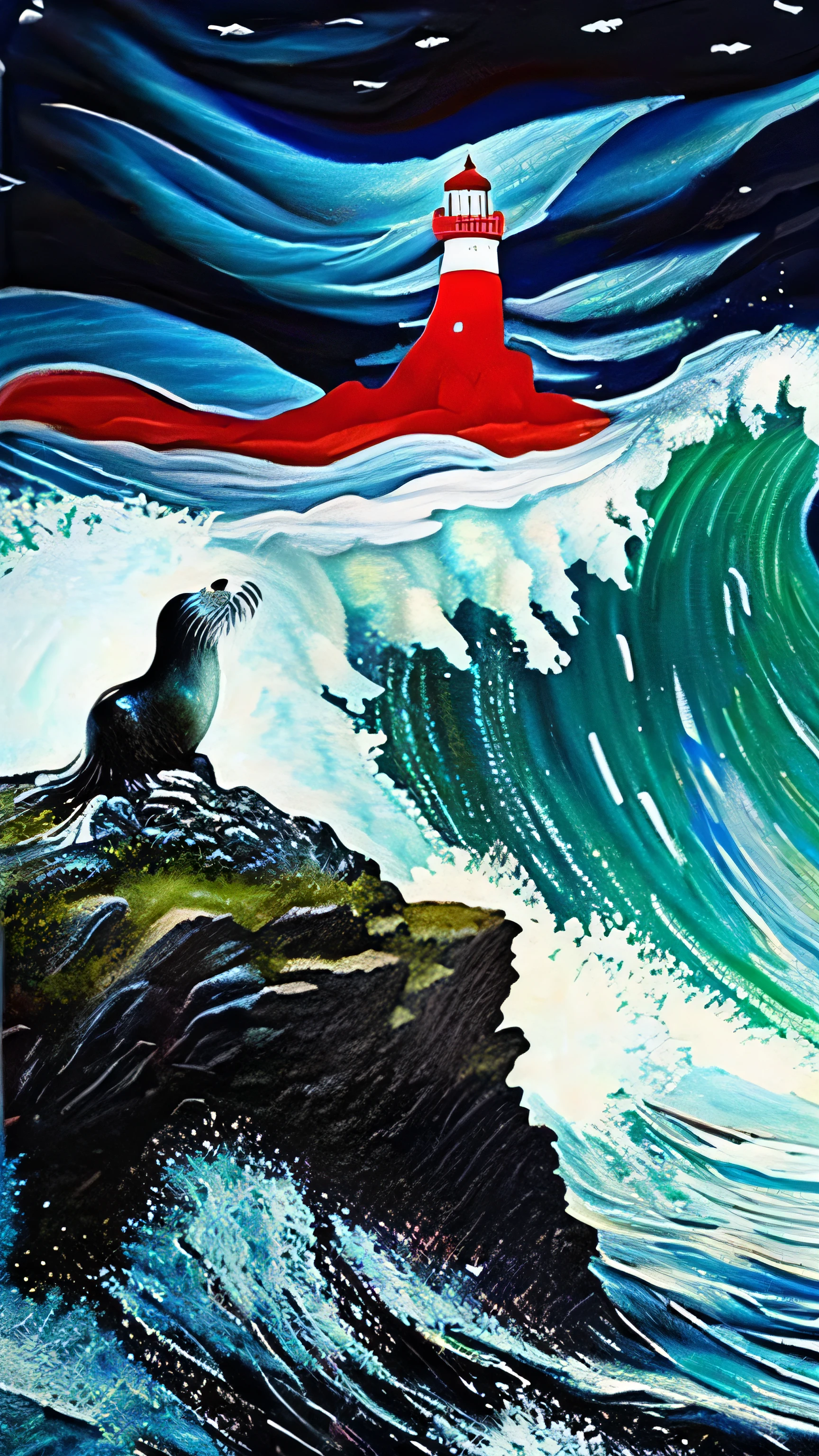 Maïna a selkie (a sea fairy: seal) lives at the top of a lighthouse (red and white striped) on a small island. Starry night, lighthouse light illuminating the sea, rocks and waves, ocean breeze, coastal beauty, fears, dangers, magical beings, powers, magic. best quality, masterpiece, extraordinary details