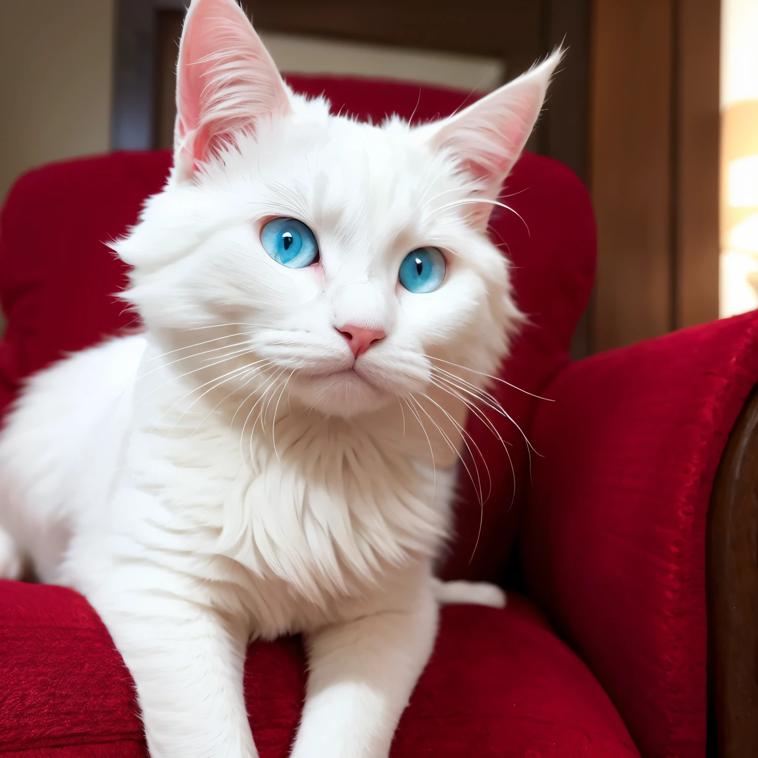 (High definition, best quality: 1.1), Fluffy white cat with blue eyes, sitting on a red armchair, (asymmetrical ears: 1.3), pointy black nose, (detailed whiskers: 1.4), purring contentedly, looking towards the viewer, mid-shot focus, background blurred, playful expression, soft lighting, photorealistic rendering, masterpiece, 4K resolution, beautiful fur texture, realistic details.