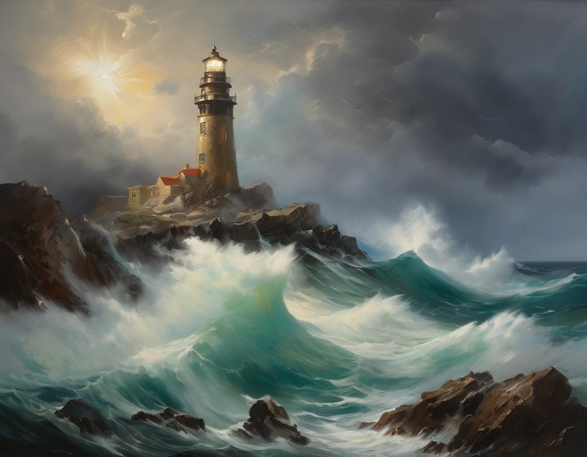 A lighthouse braves the wrath of a stormy sea, portrayed in a realistic oil style that pays homage to Aivazovsky and Thomas Moran. The composition follows the rule of space, with negative space on the left creating a dynamic contrast. The brushstrokes are expressive and bold, capturing the energy and force of the sea. The lighting is theatrical, enhancing the drama and intensity of the scene. The intricate details of the waves, the rocks, and the lightning showcase the awe-inspiring power of nature. This painting will leave viewers breathless with its stunning realism and emotional impact.