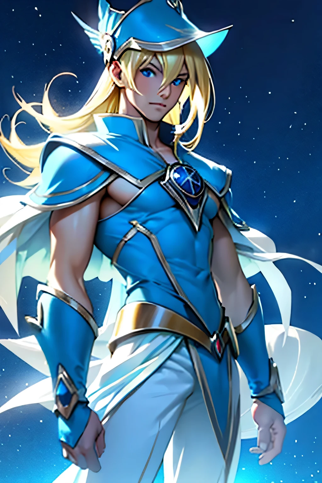 man with blonde hair and blue eyes of slim build and average height. Siempre viste con tonos blancos y azules, para recordar la elegancia y pureza del cisne.