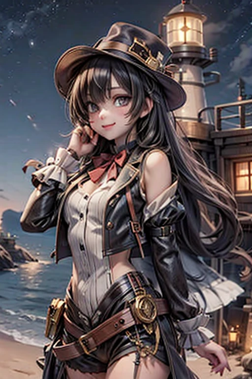 cute girl smiling, steampunk clothing, steampunk engineer, watching a lighthouse on a nearby cliff , ((at night))