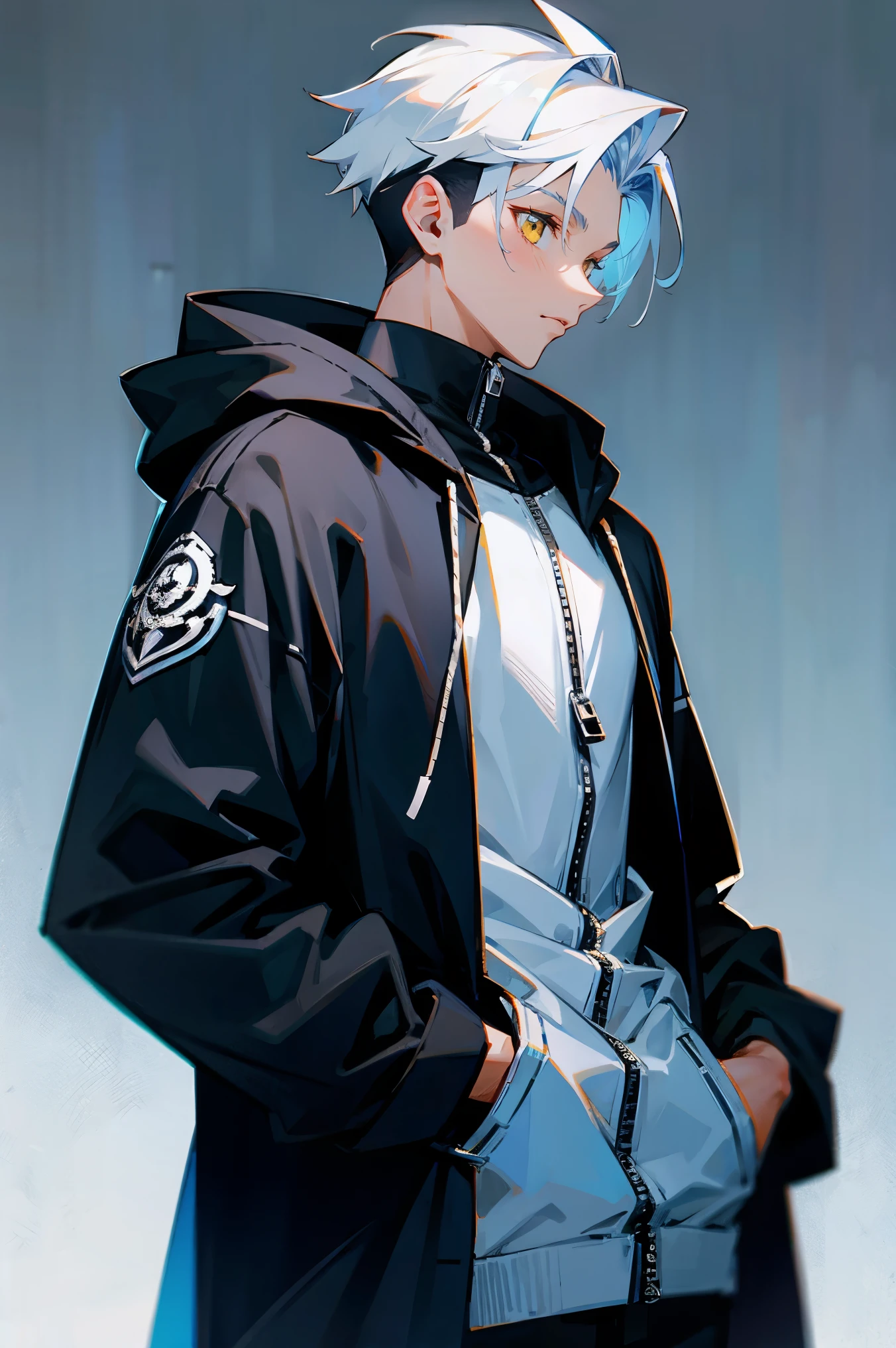 1male, Black and White Hair , two toned hair, Modern Undercut Hairstyle , Blue Unzipped Hoodie , White Hood , Yellow Eyes , Modern Clothing , Medieval Background
