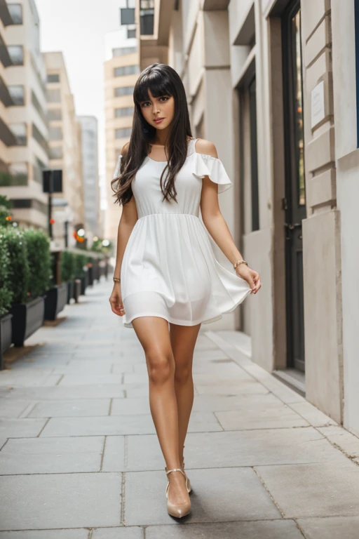 8k, better quaity, beautiful face, black long hair, bangs, stunning woman in white soft dress, tan pantyhose, wedges shoes,  walking to observer