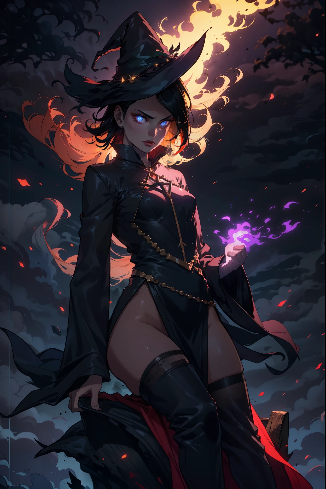 (best quality,4k,8k,highres,masterpiece:1.2),ultra-detailed,realistic, sensualizing Sarada as a witch, half-naked, with a great butt and large thighs, small breasts under the chest, dressed provocatively in a seductive manner, with a magical atmosphere and an enchanted background, vibrant colors and dramatic lighting, witchcraft aesthetic, dark magic vibes, spellbinding poses, bewitching eyes and red lips, alluring gaze, flowing black hair, sultry expression, seductive witch attire, a black pointed hat, a revealing dress that highlights her curves, thigh-high boots, a broomstick in her hand, casting a spell with glowing magical symbols in the air, surrounded by mystical fog and colorful sparks, a cauldron filled with potion and bubbling with magic, a full moon illuminating the night sky, creating an eerie ambiance, a mysterious enchanted forest in the background, with twisted trees and glowing mushrooms, a crow perched on a branch, overlooking the scene, a touch of gothic aesthetic, creating an enchanting and seductive atmosphere for the viewer.