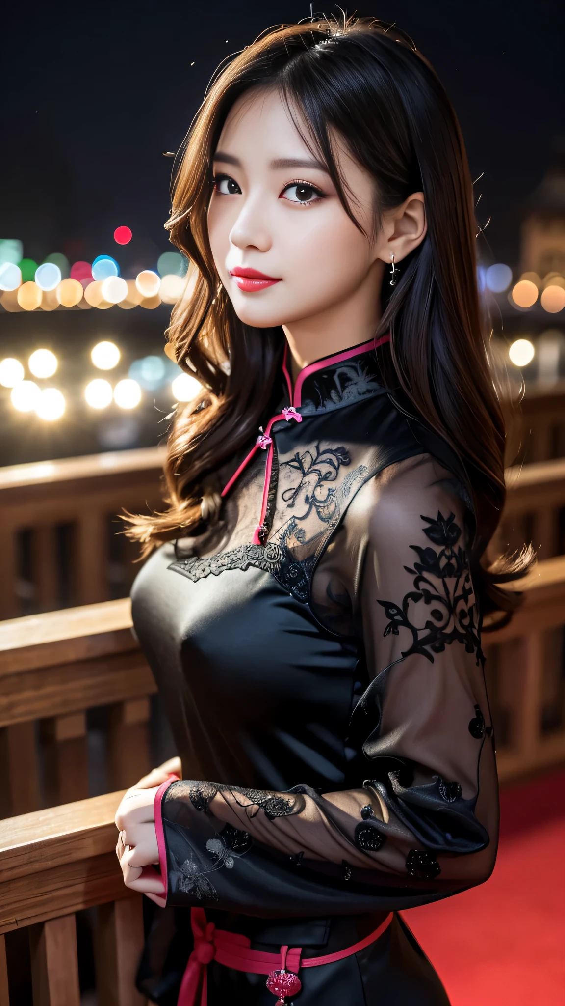 Super detailed、Japanese、charming beauty、seductive adult woman、Beautiful woman、sharp eyes、cool girl、wavy hair、long black cheongsam、wide sleeve、evilの幹部、evil depravity、brainwashing、Mind control、apply lipstick、grin、evilな表情、evil、empty eyes、evil、church at night、Hypnosia makeup brush