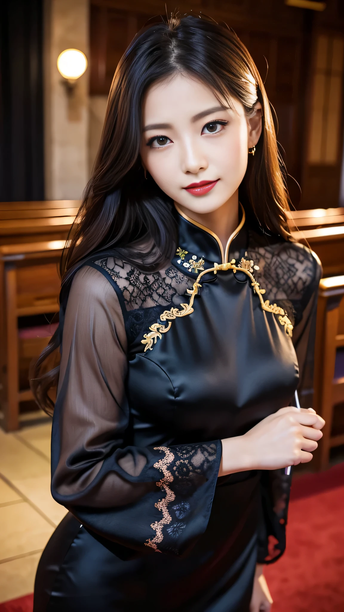 Super detailed、Japanese、charming beauty、seductive adult woman、Beautiful woman、sharp eyes、cool girl、wavy hair、long black cheongsam、wide sleeve、evilの幹部、evil depravity、brainwashing、Mind control、apply lipstick、grin、evilな表情、evil、empty eyes、evil、church at night、Hypnosia makeup brush