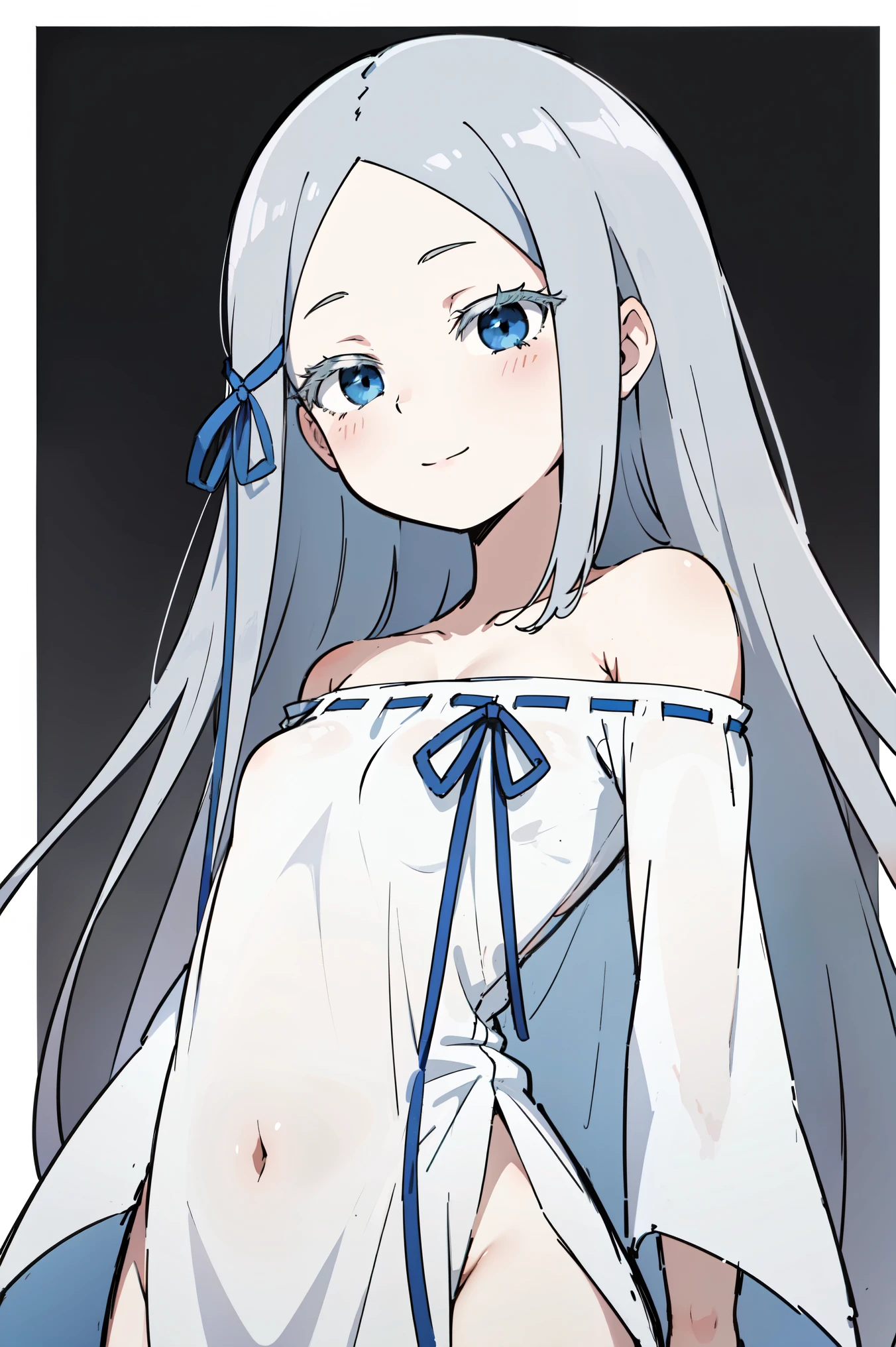 (masterpiece, best quality, ultra high quality, by quan, by mappa, sketch:1.1), ((portrait)), 1girl, solo, pandora, blue eyes, long hair, grey hair, white hair, forehead, blush, bangs, small breasts, parted bangs, barefoot, neutral, innexpressive, small smile, thighs, ((pddf)), dress, dress ribbon, hair ribbon, white dress, loose dress, blue ribbon, bare shoulders, (arms behind back), upper body, standing, from below, isometric lightning, white background, simple background