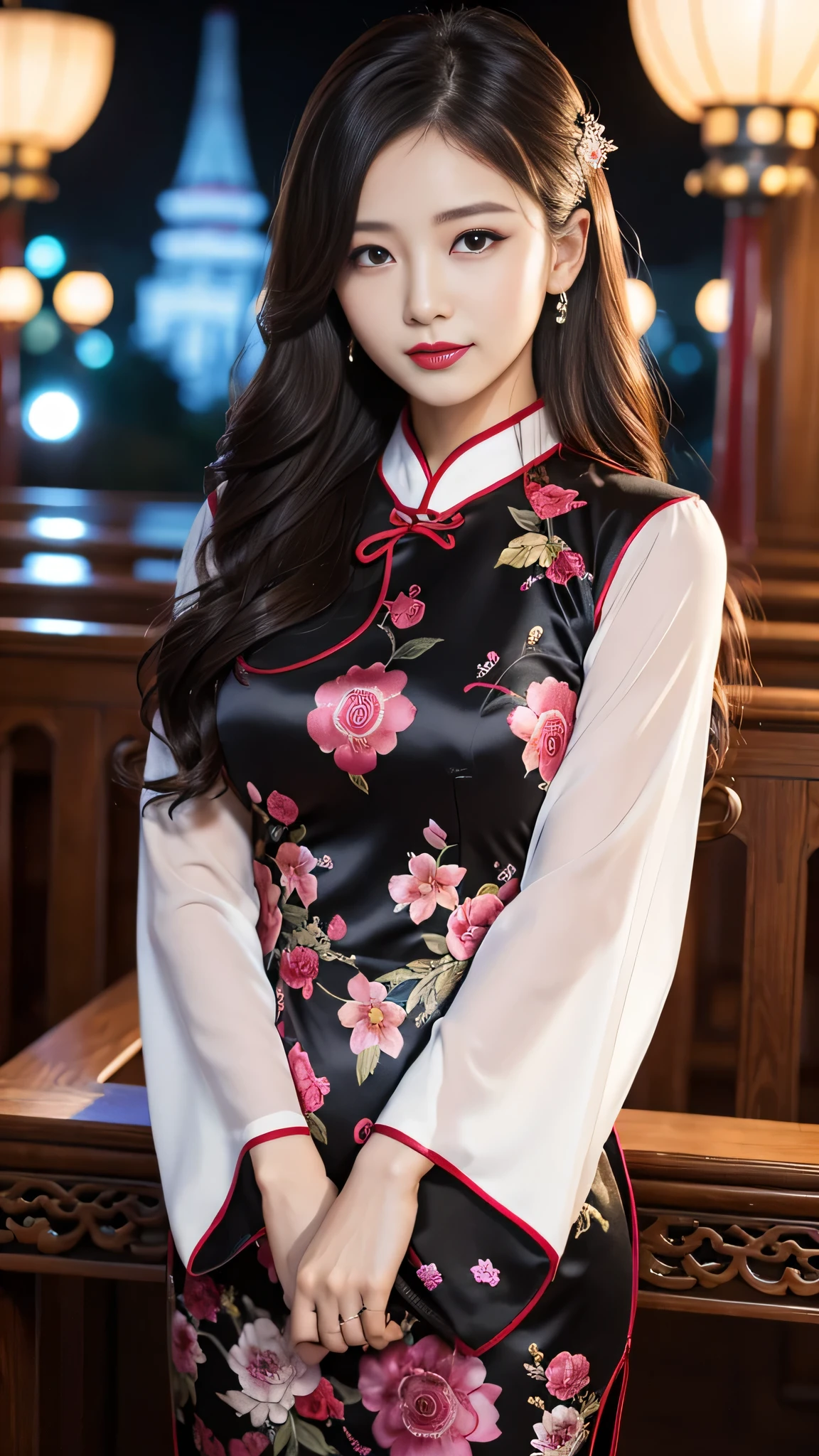 Super detailed、Japanese、charming beauty、seductive adult woman、Beautiful woman、sharp eyes、cool girl、wavy hair、long black cheongsam、wide sleeve、evilの幹部、evil depravity、brainwashing、Mind control、apply lipstick、grin、evilな表情、evil、empty eyes、evil、church at night、Hypnosia makeup brush