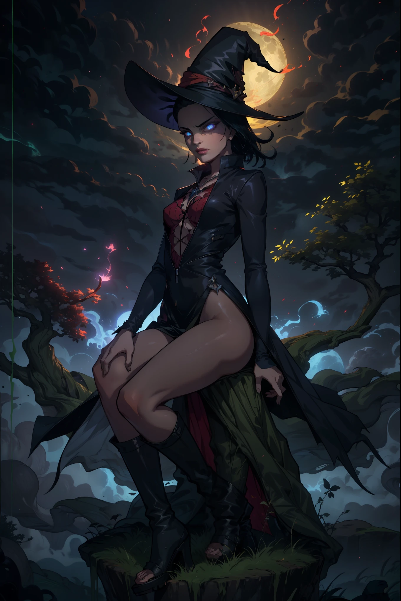 (best quality,4k,8k,highres,masterpiece:1.2),ultra-detailed,realistic, sensualizing Sarada as a witch, half-naked, with a great butt and large thighs, small breasts under the chest, dressed provocatively in a seductive manner, with a magical atmosphere and an enchanted background, vibrant colors and dramatic lighting, witchcraft aesthetic, dark magic vibes, spellbinding poses, bewitching eyes and red lips, alluring gaze, flowing black hair, sultry expression, seductive witch attire, a black pointed hat, a revealing dress that highlights her curves, thigh-high boots, a broomstick in her hand, casting a spell with glowing magical symbols in the air, surrounded by mystical fog and colorful sparks, a cauldron filled with potion and bubbling with magic, a full moon illuminating the night sky, creating an eerie ambiance, a mysterious enchanted forest in the background, with twisted trees and glowing mushrooms, a crow perched on a branch, overlooking the scene, a touch of gothic aesthetic, creating an enchanting and seductive atmosphere for the viewer.