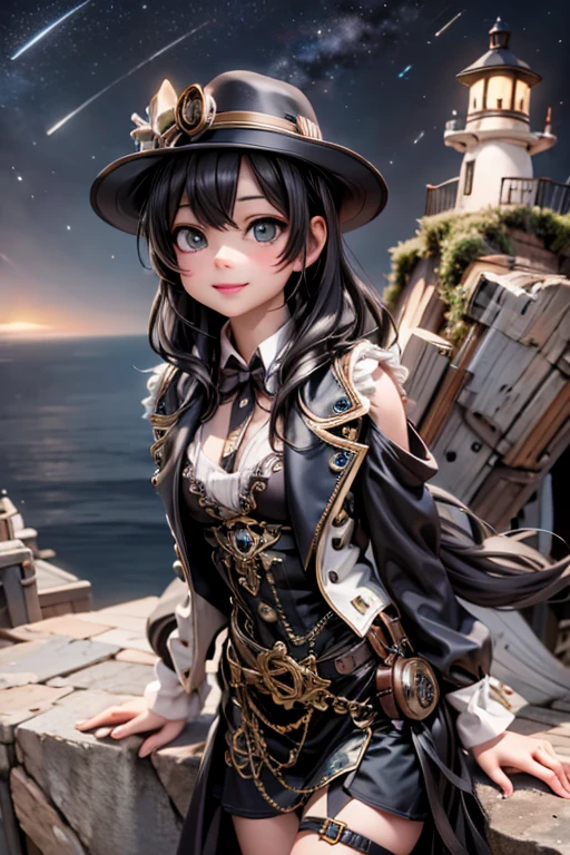 masterpiece, best quality, absurdress, a steampunk flying girl watching a nearby lighthouse on a nearby cliff, steampunk flying machine, steampunk lighthouse, ((at night)), starry sky