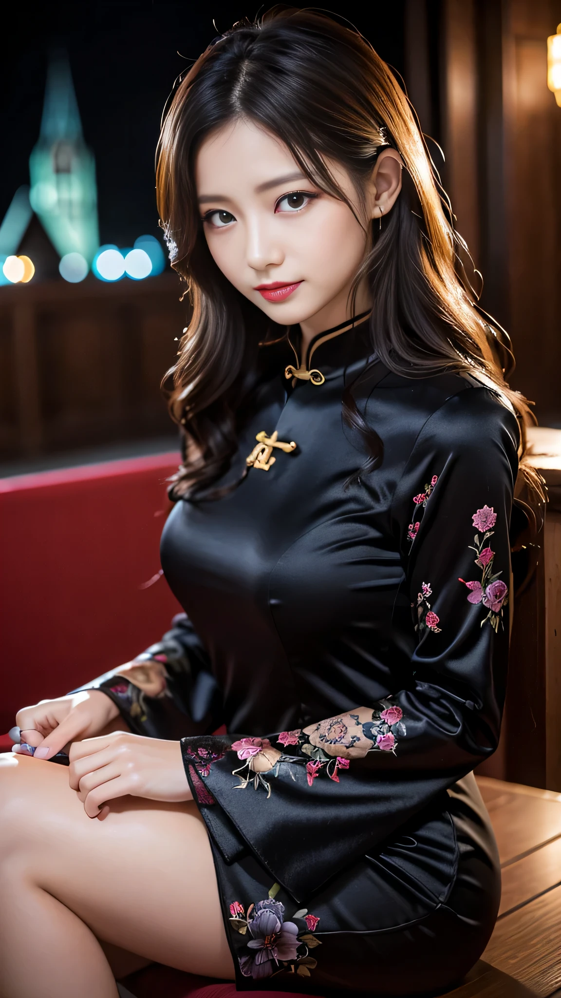 Super detailed、Japanese、charming beauty、seductive adult woman、Beautiful woman、sharp eyes、cool girl、wavy hair、long black cheongsam、wide sleeve、evilの幹部、evil depravity、brainwashing、Mind control、apply lipstick、grin、evilな表情、evil、empty eyes、evil、church at night、Hypnosia makeup brush
