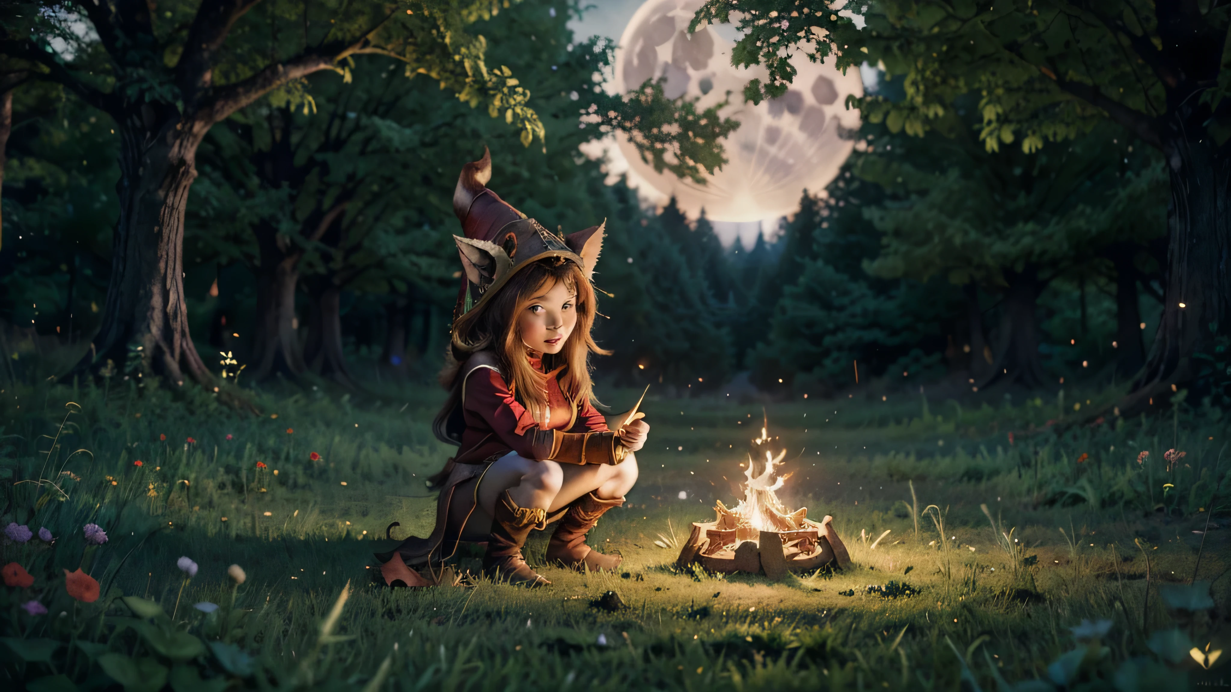 Magician Yordle Lulu (league of legend) in a forest, lit by the moon to enhance its authenticity. The composition artistically captures the powerful energy and serene ambience of the forest, making it a true masterpiece (realistic and bright colors, ultra-detailed, 16K)