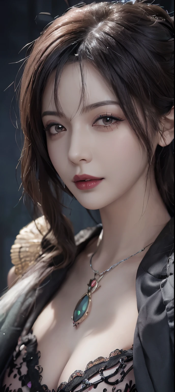 1 mature woman, lady, (alone), Upper body, Lightly closed eyes, gothic style, lipstick, Detailed details of the face, compensate, shining lips, ( white skin), necklace, blush, sexy, fascinating, gray hair