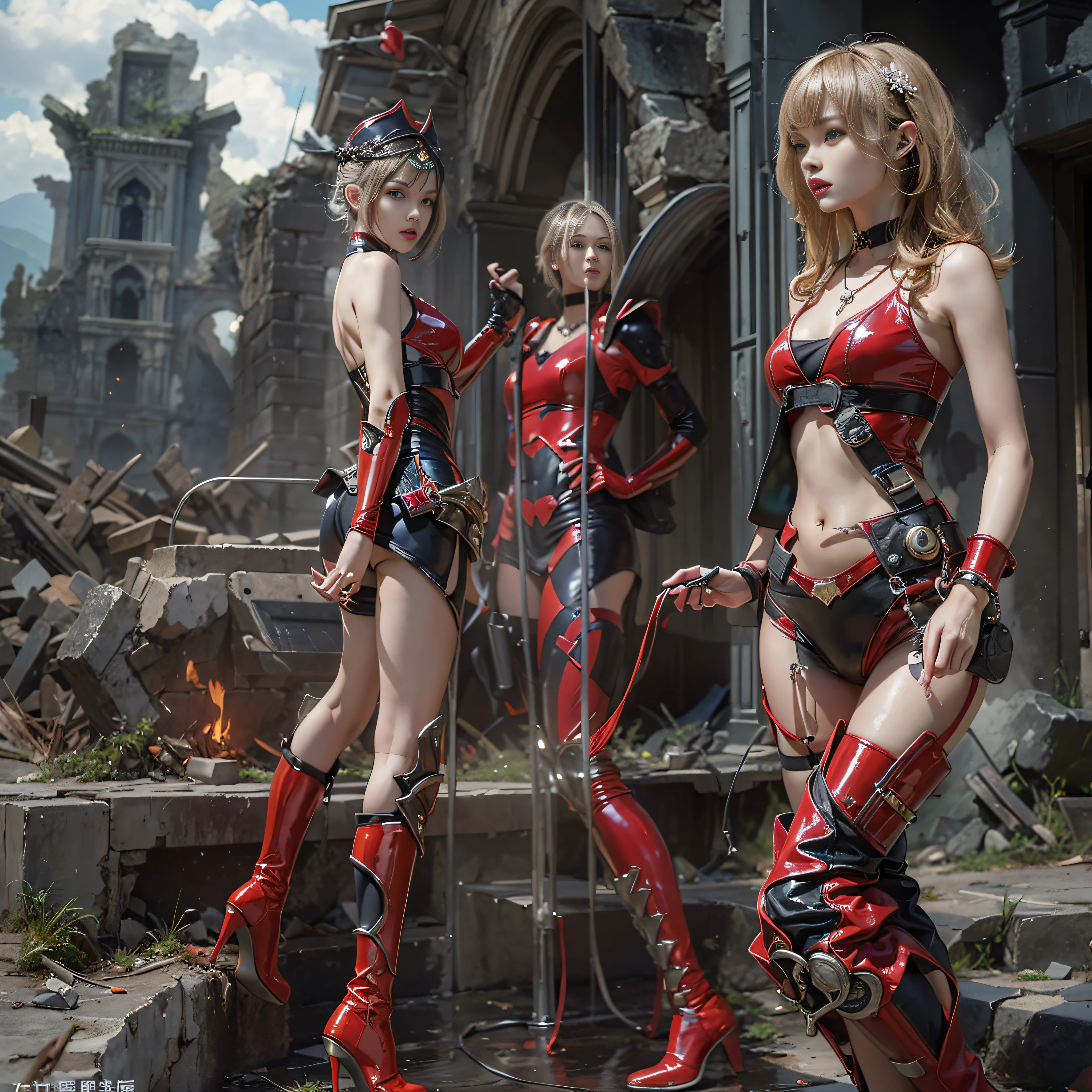 ((masterpiece:1.4)、(top-quality:1.4)、(reallistic:1.7))、Mercenary troops from another dimension、Cute girl mercenary、Sexy Daughter、1girl in、latex shiny、Latex bodysuit、By Luis Royo、age19、Ultra Ultra Bikini、Looking Back Beauty、Outstanding style、Slender Abs、beauty legs、Beautiful ass、A detailed eye、Raw photo、red-lips、Red high heels、a choker、a necklace、耳Nipple Ring、