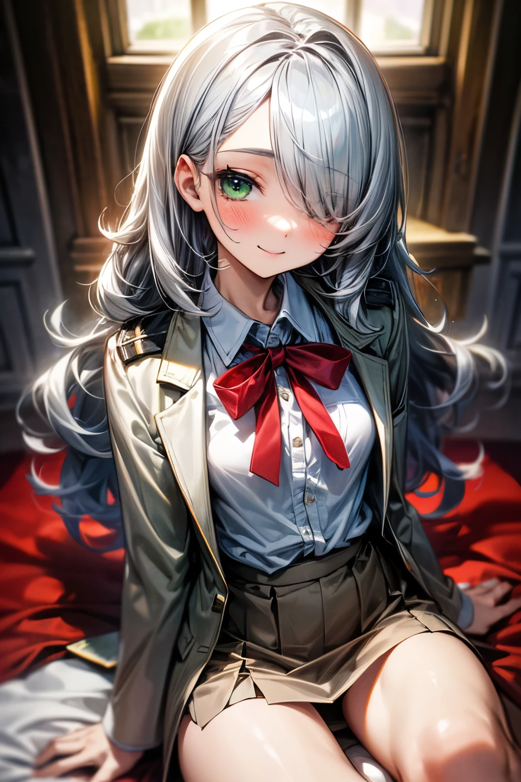 ((Masterpiece)), (Professional Photography), (High Definition:1.3), (silver long bangs hide the right eye:1.5), ((hair over one eye)), best quality, 8K, Textured skin, cinematic lighting, (1girl), short stature, (sitting), cute teenage young girl, ((loose curls hair)), (semi-long hair), (blush, smile), (brilliant green eyes), drooping eyes, very cute, small breasts, slender waist, undress slovenly, (pale Ivory color blazer student's uniform), (white blouse), ((brown skirt)), (In the shrine), red string ribbon