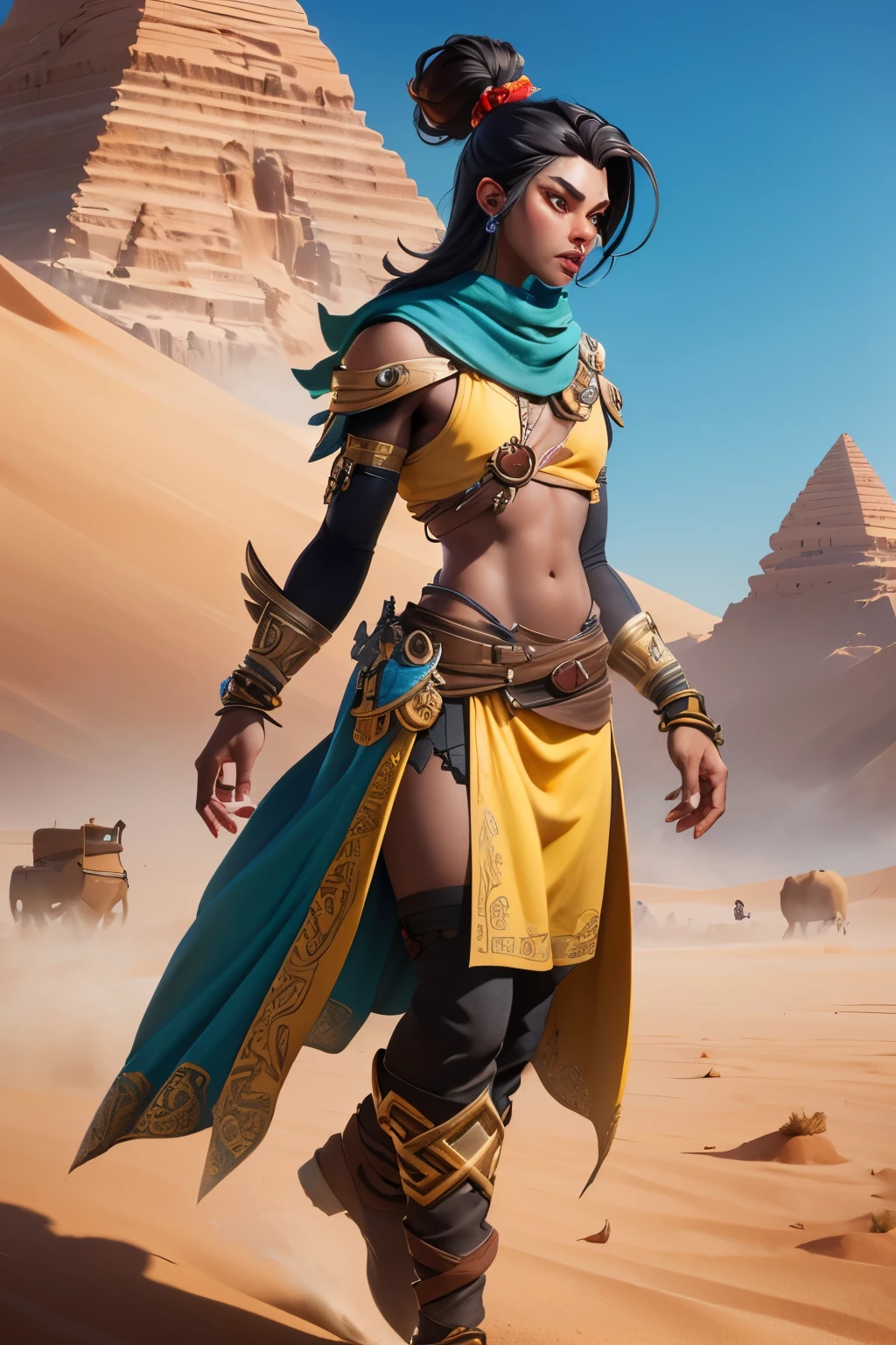 (masterpiece, best quality), dark skinned male, ((complex)), Traditional clothing, egyptian desert, bracelet, town, hair accessories, jewelry, lean back, looking at the audience, whole body, plateau, sandstorm,Cartoon characters, stylized characters, hero character art, Inspired by Johannes Helgesen, very stylized characters design, 3D rendering stylization, stylized characters design, Stylized 3D, Highly detailed characters, Detailed character art, Super detailed fantasy characters, game character art, Unreal Engine Character Art, character artist