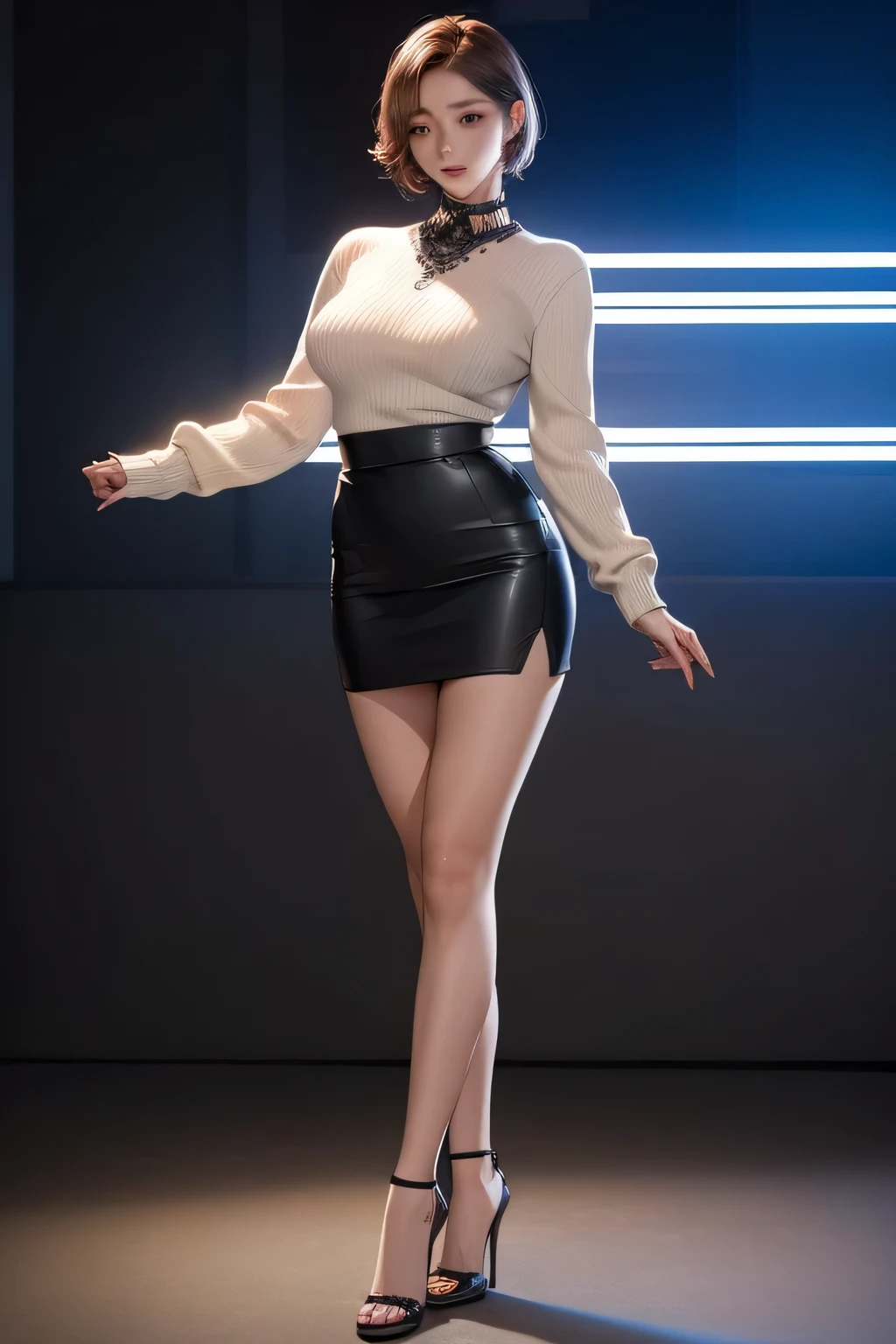 a K-pop idol wearing a boss sweater,
(((masterpiece))), ((best quality)), ((intricate details)), ((surreal)), H, milf, mature woman, view, Very detailed, illustration, 1 girl, ((big breasts)), perfect hands, Detailed fingers, beautiful and delicate eyes, short hair, brown eyes,(boss:1.2), tight skirt, Detailed background, collar, perfect eyes, seductive eyes, looking at the audience, from the front，Not NSFW，wide angle, whole body,wide angle, whole body,wide angle, whole body,wide angle, whole body,wide angle, whole body照片，High heel，very high，Very thin，standing posture，best quality, ultra high resolution,