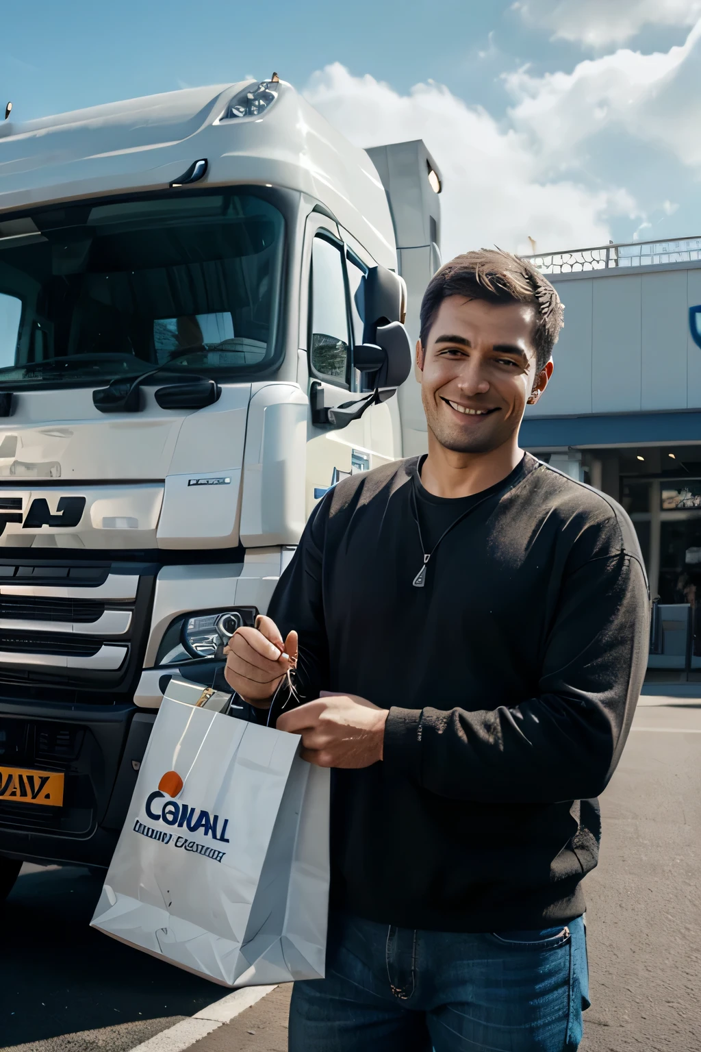 happy truck driver in front of DAF truck, with a shopping bag in hand, purchased parts