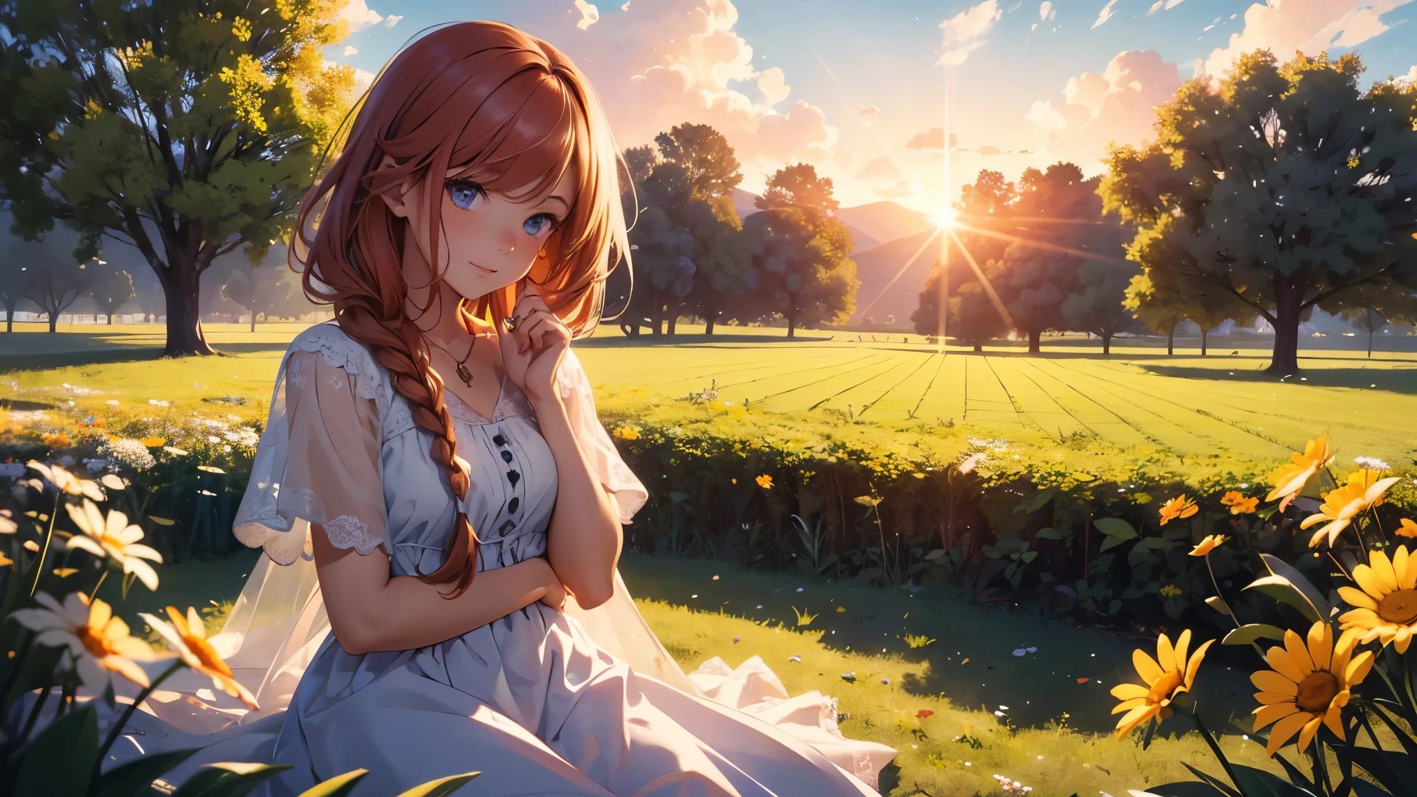 ((masterpiece,best quality,ultra detailed,ultra high res,detailed country yard background)), soft realistic focus, dynamic shadows, realistic image, vibrant colors,light leaks,dreamy atmosphere,chiaroscuro,BREAK
experimental charm, The girl is depicted in full growth, you see the girl from head to toe, nostalgic appeal, country girlfriend, she take you with yourself, simple open short dress, soft mischievous smile, freckles, shiny light red hair, she will take your hand, thick braids, Cold dawn, More real than reality, Like woke up from a nightmare, They say in Heaven, love comes first
We'll make Heaven a place on Earth